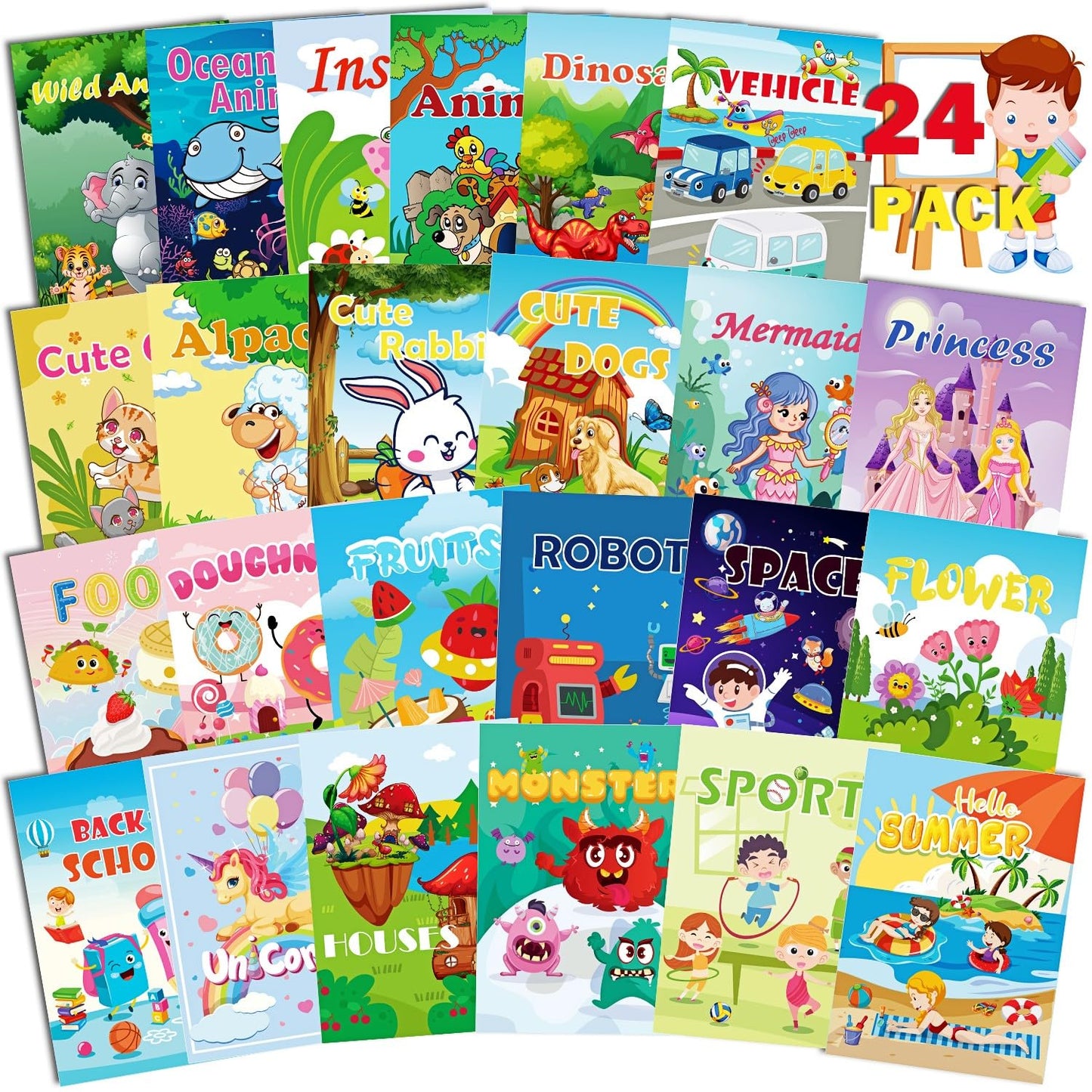 Aannanl 24 Mini Coloring Books – 24 Themed Books for Kids Ages 2–8 (24-A) | Bulk Gift Pack