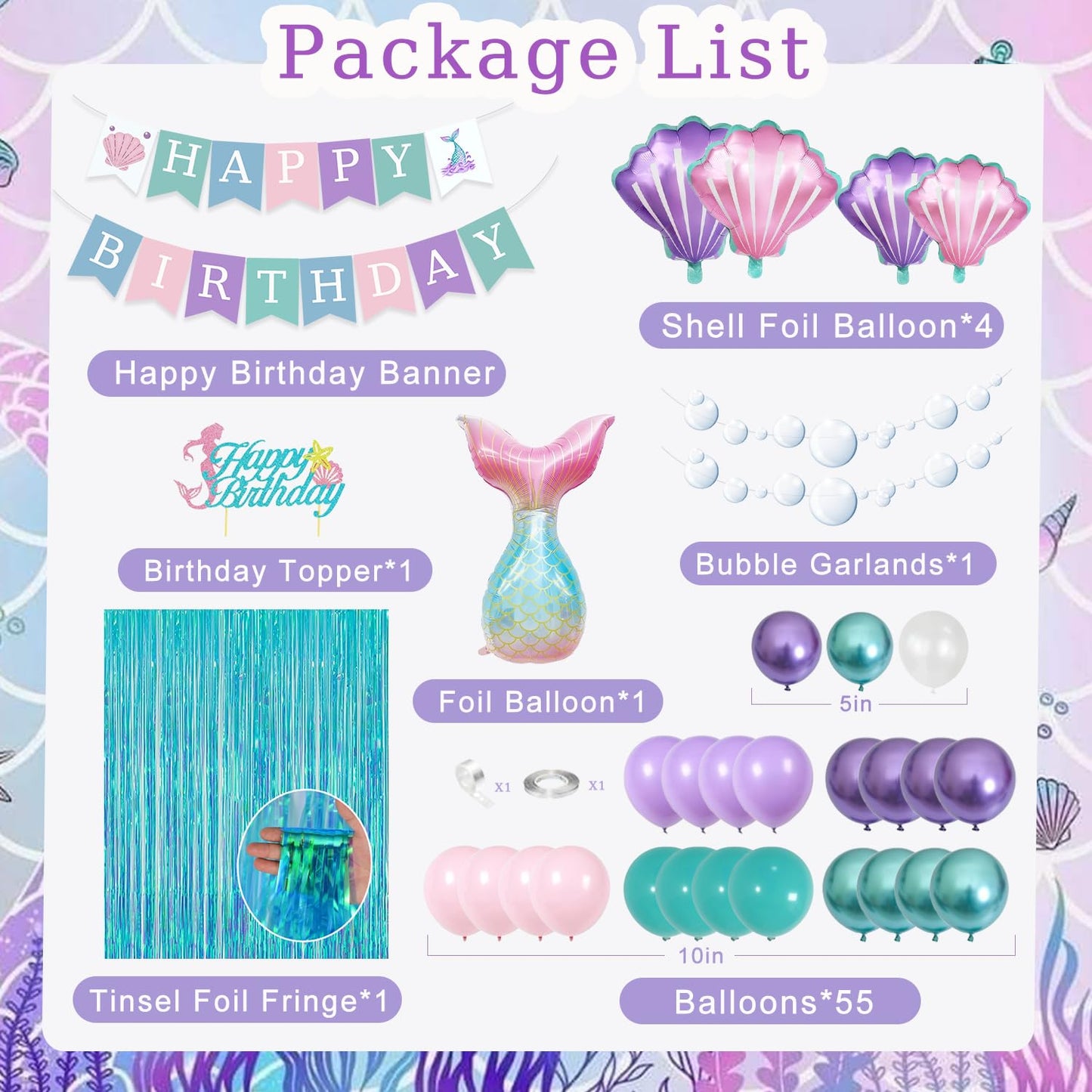 ABAOWO Mermaid Birthday Decorations Kit – Under the Sea Party Supplies with Balloons, Fringe Backdrop, and Banner