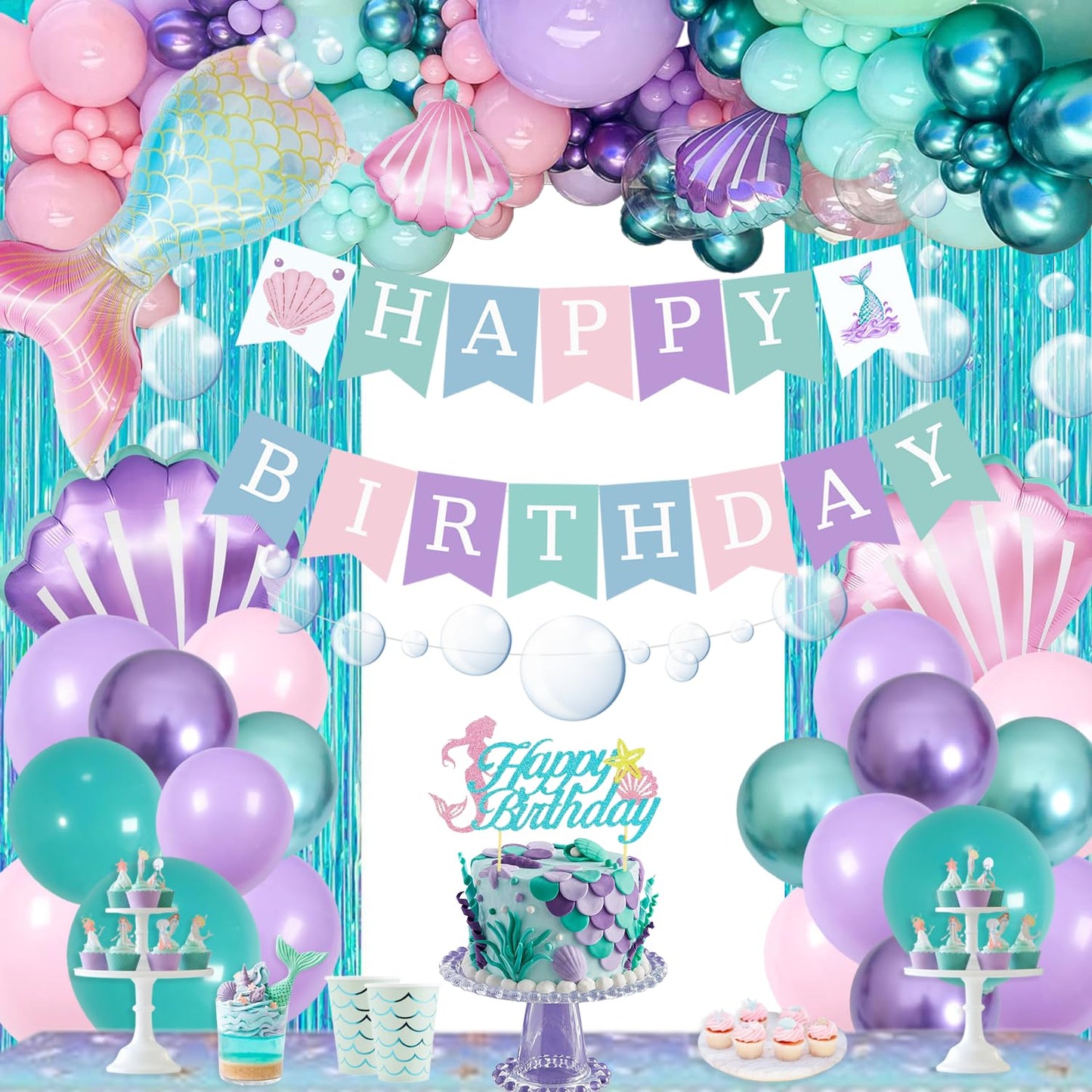 ABAOWO Mermaid Birthday Decorations Kit – Under the Sea Party Supplies with Balloons, Fringe Backdrop, and Banner