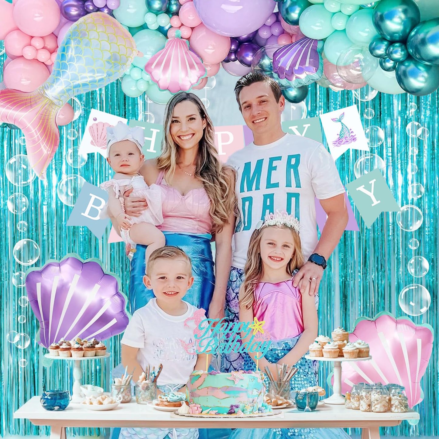 ABAOWO Mermaid Birthday Decorations Kit – Under the Sea Party Supplies with Balloons, Fringe Backdrop, and Banner