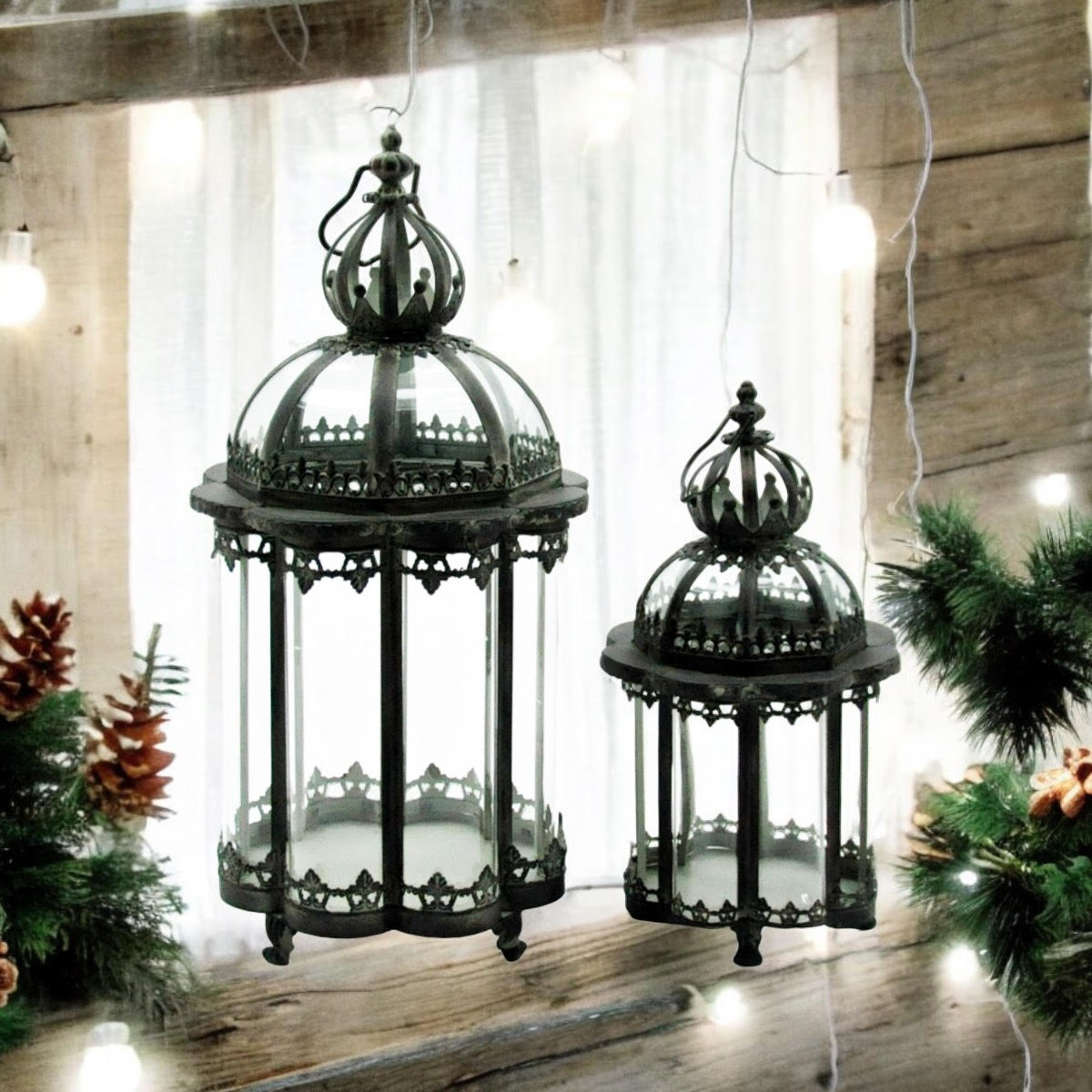 65/45CM GREEN SET 2 METAL GARDEN LANTERNS