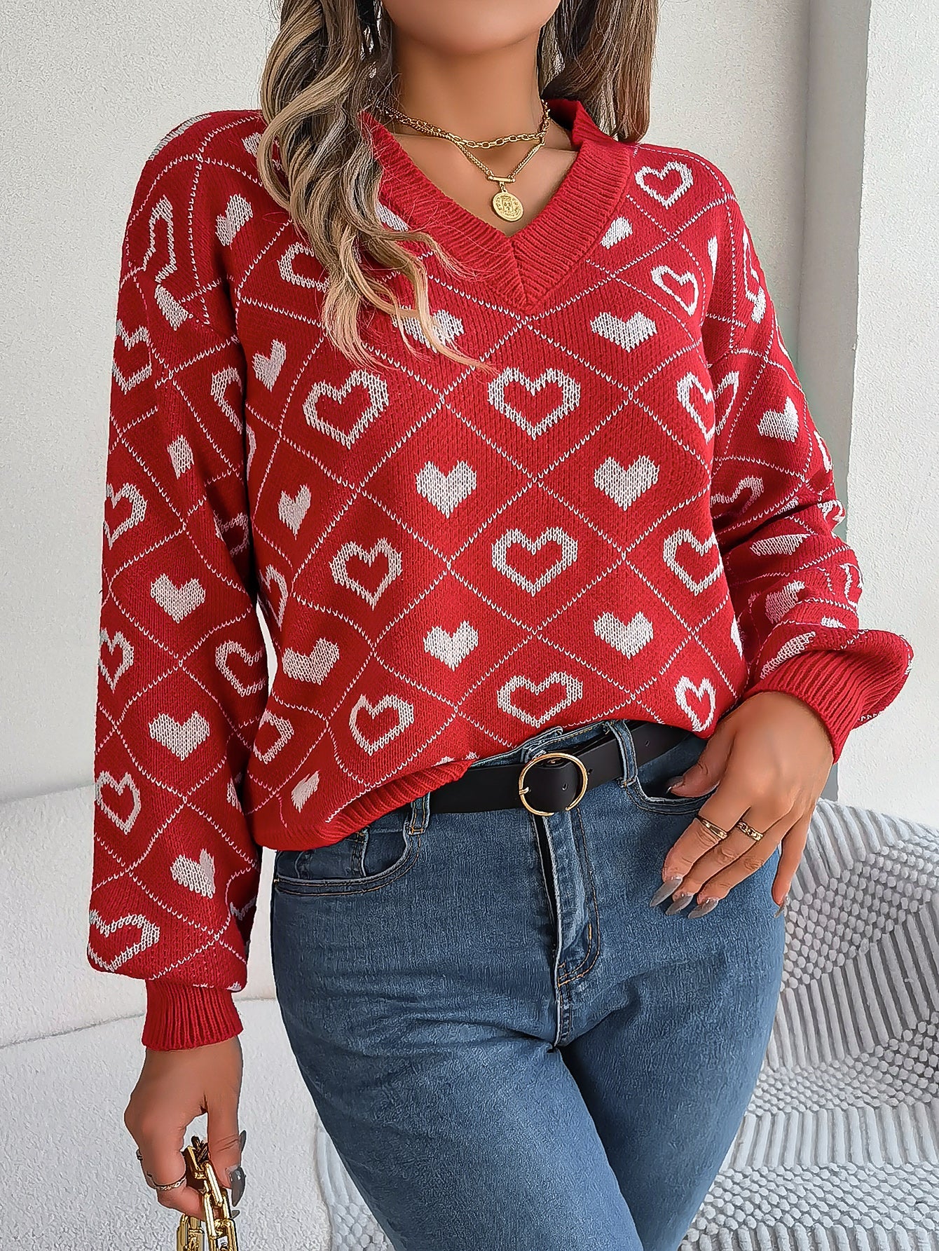 Women Sweet Color Block Heart Lantern Sleeve Pullover Sweater