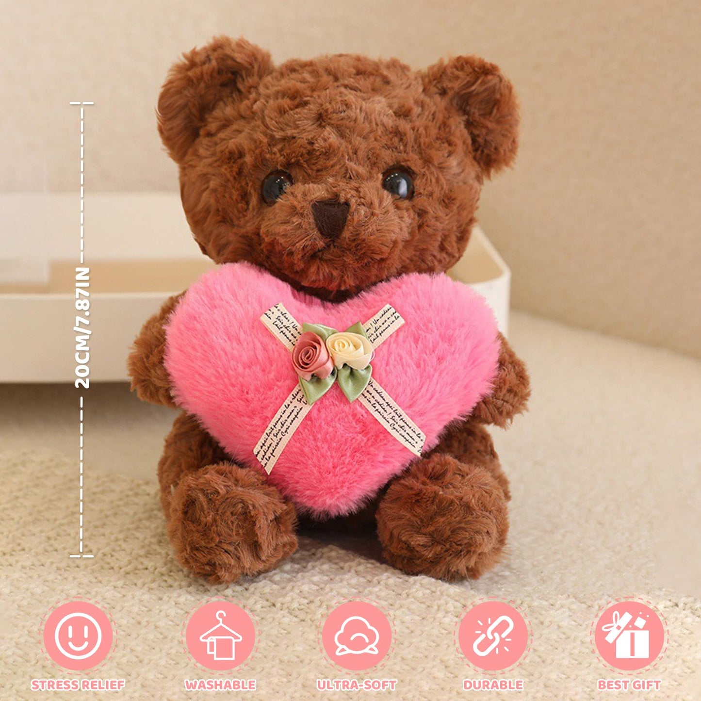 ABEARCAR Pink Heart Teddy Bear Plush – 20cm Cute Gift for Kids & Valentines