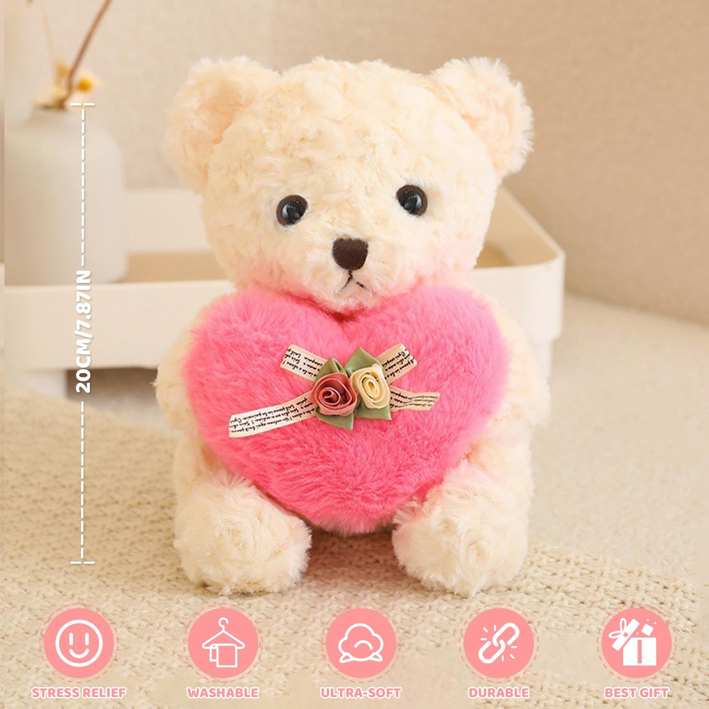 ABEARCAR Pink Heart Teddy Bear Plush – Soft 20 cm Gift for Kids, Valentine’s Day, Mom & Girlfriend