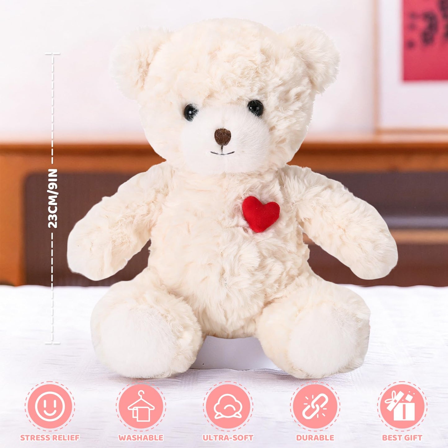ABEARCAR Red Heart Teddy Bear Plush – 23cm Soft Gift for Valentine’s Day, Christmas & Kids