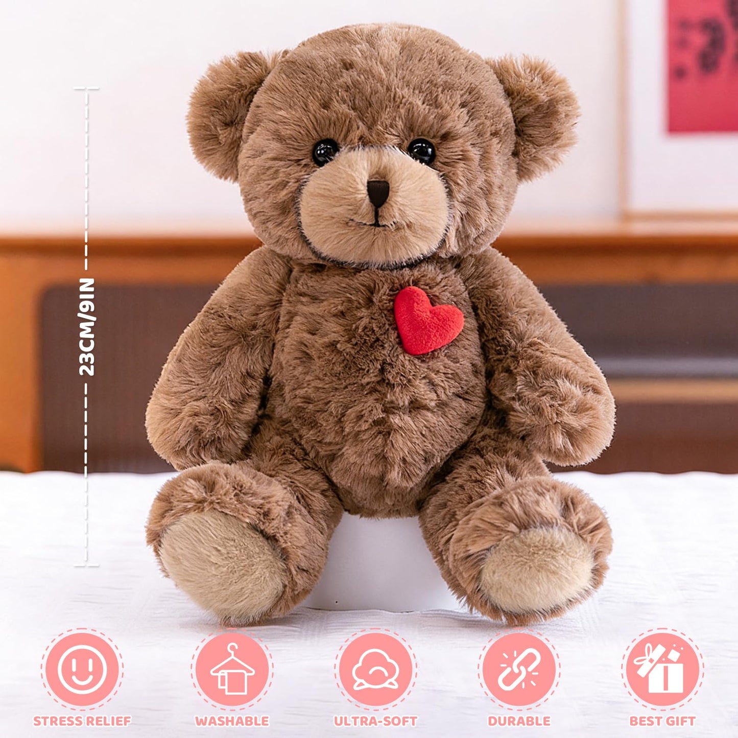 ABEARCAR Red Heart Teddy Bear Plush – 23cm Cute Plush Toy Gift for Kids & Loved Ones