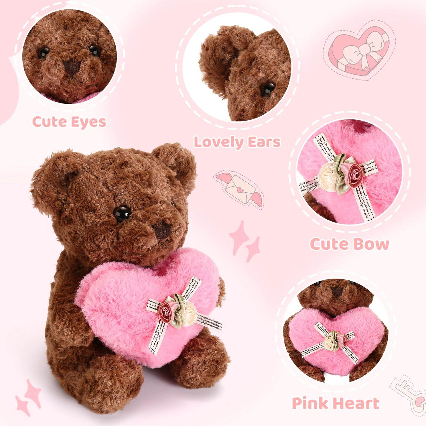 ABEARCAR Pink Heart Teddy Bear Plush – 20cm Cute Gift for Kids & Valentines
