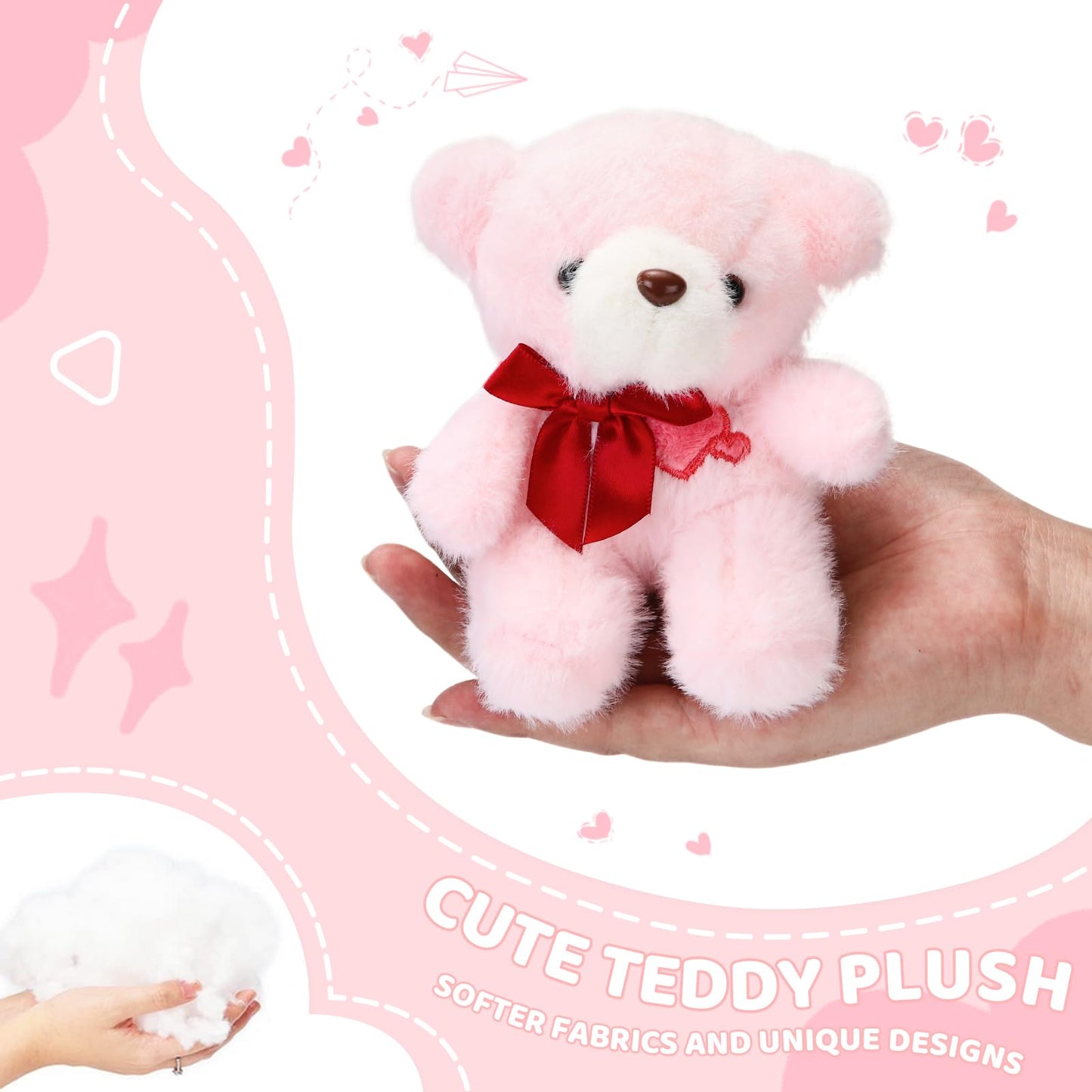 ABEARCAR 4.7-Inch Pink Heart Teddy Bear Plush with Embroidered Heart and Bow – Gift-Ready