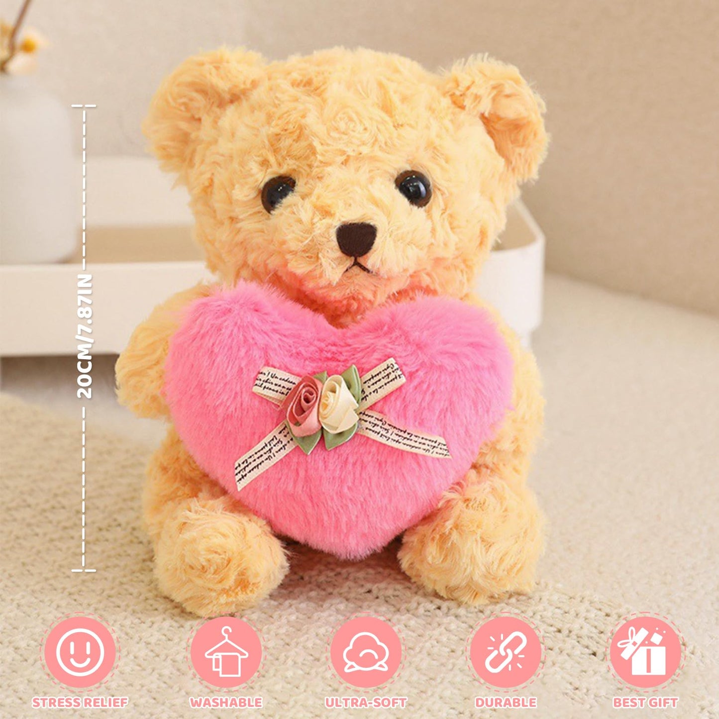 ABEARCAR Teddy Bear Plush with Pink Heart – 20cm Gift for Kids, Girlfriend, Mom