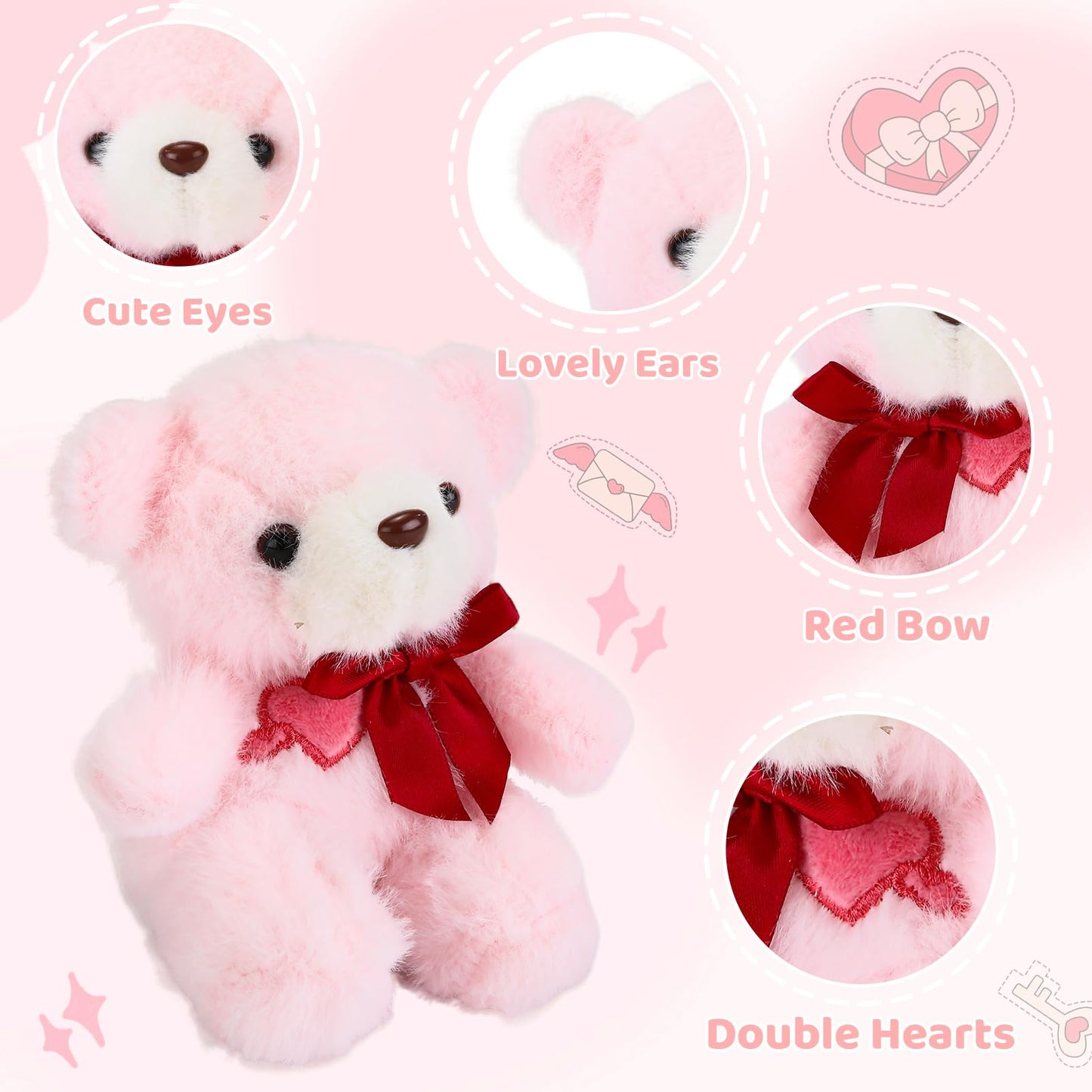 ABEARCAR 4.7-Inch Pink Heart Teddy Bear Plush with Embroidered Heart and Bow – Gift-Ready