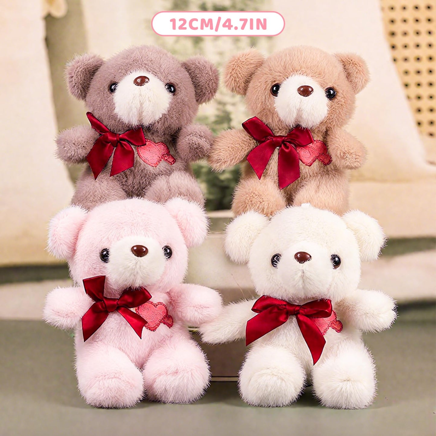 ABEARCAR 4.7-Inch Pink Heart Teddy Bear Plush with Embroidered Heart and Bow – Gift-Ready