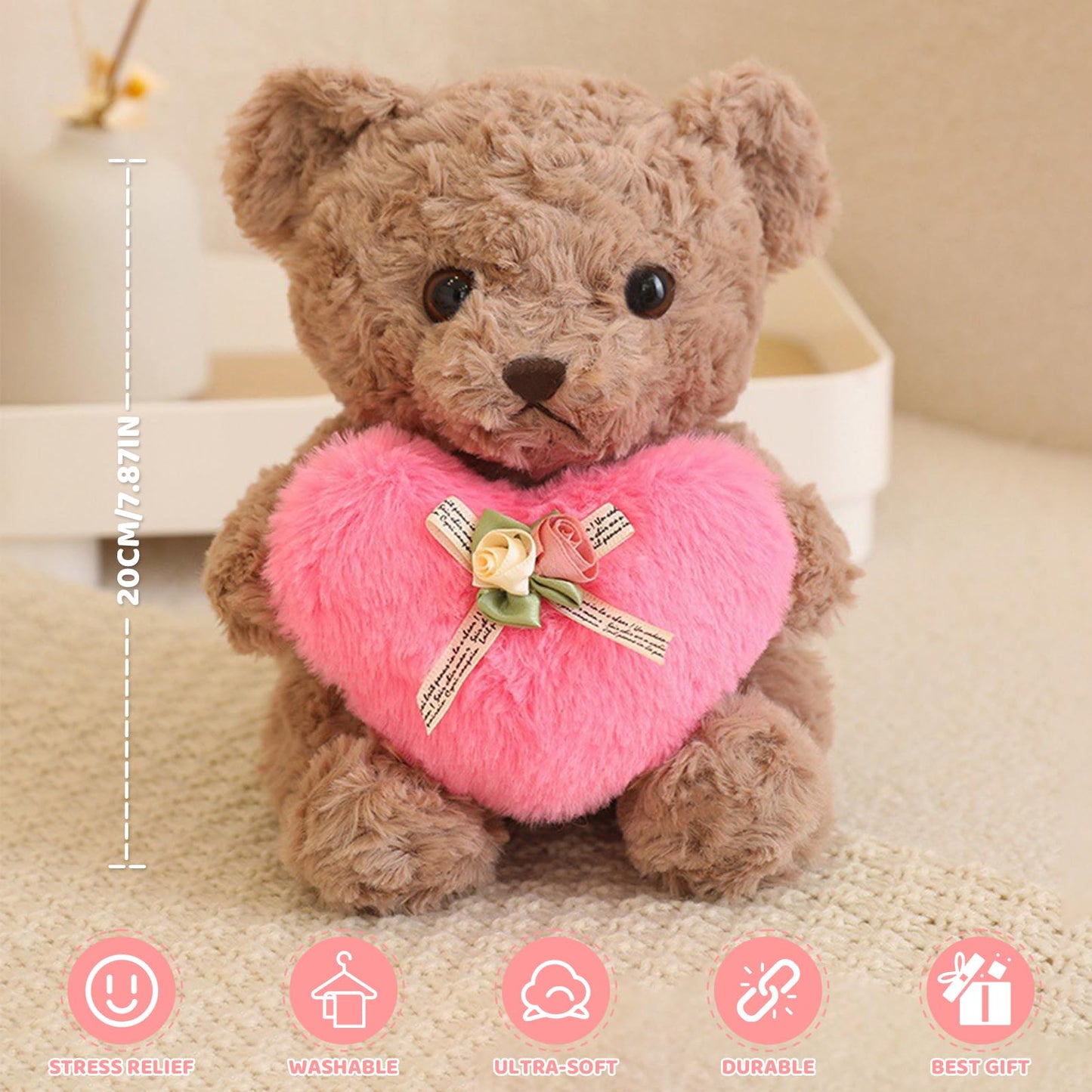 ABEARCAR Cute Teddy Bear with Pink Heart – Soft Plush Gift for Kids, Moms, Girlfriends | Valentine’s Day