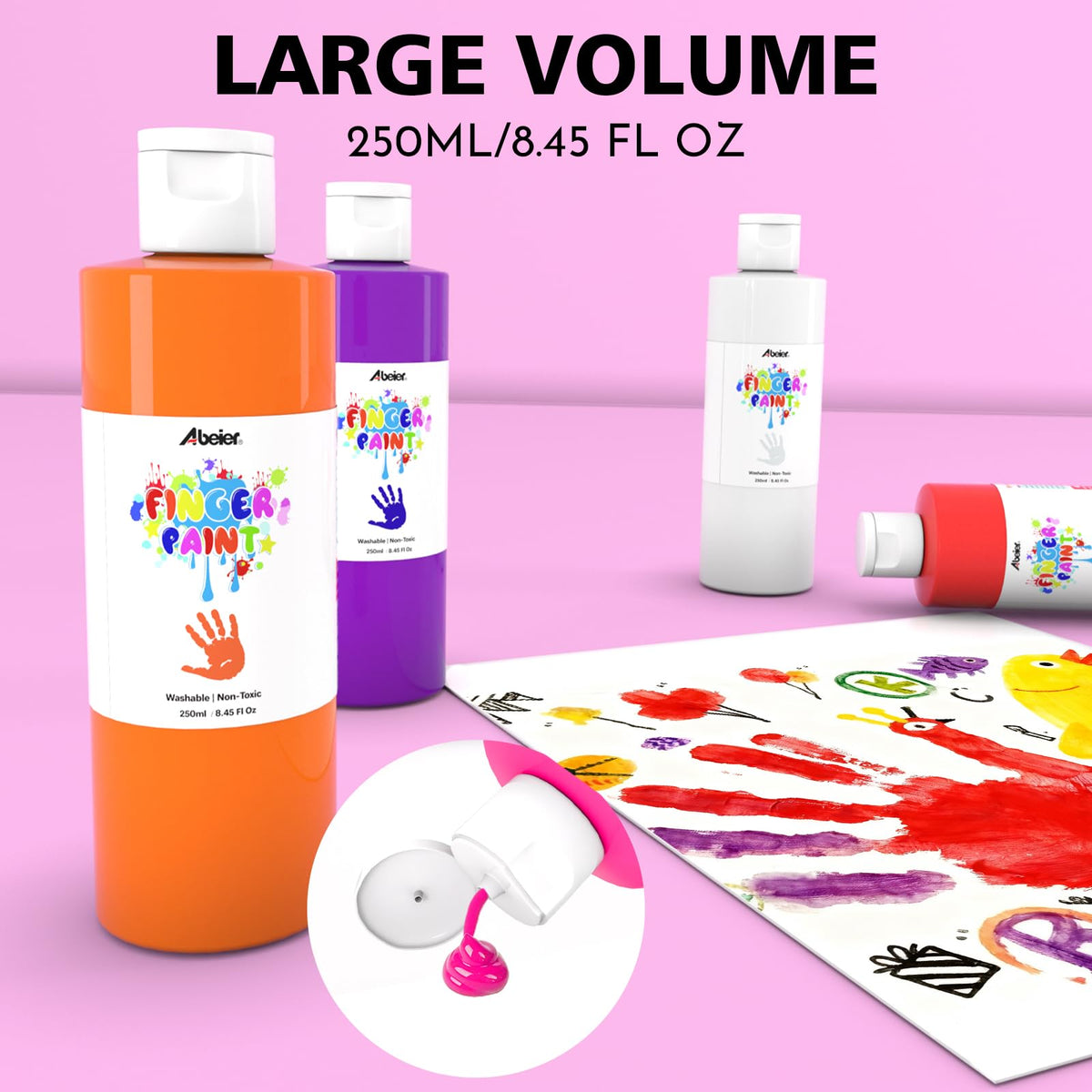 ABEIER Washable Finger Paint Bulk Pack for Toddlers – 12 Vibrant Colors (8.45 fl oz each), Safe & Non-Toxic