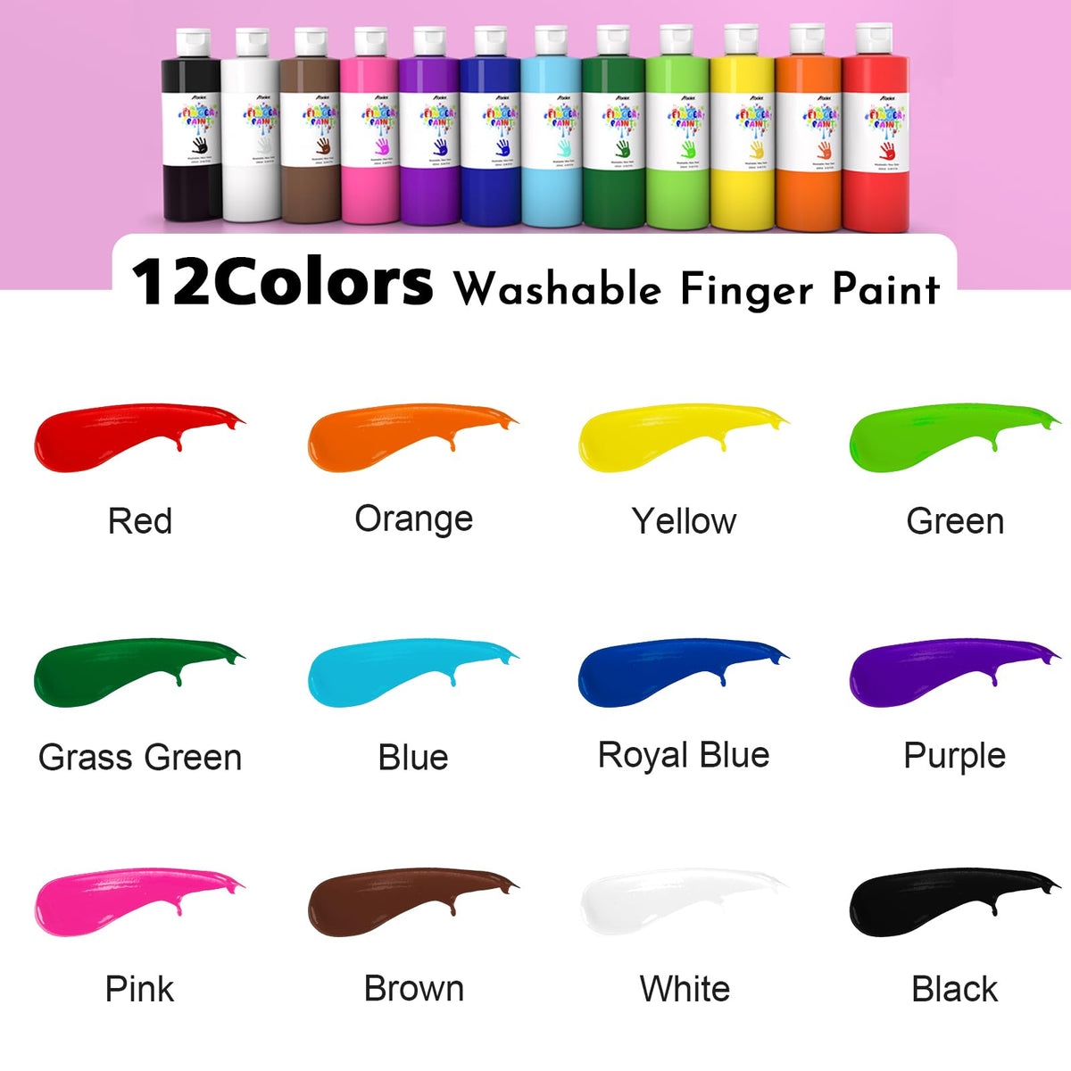 ABEIER Washable Finger Paint Bulk Pack for Toddlers – 12 Vibrant Colors (8.45 fl oz each), Safe & Non-Toxic