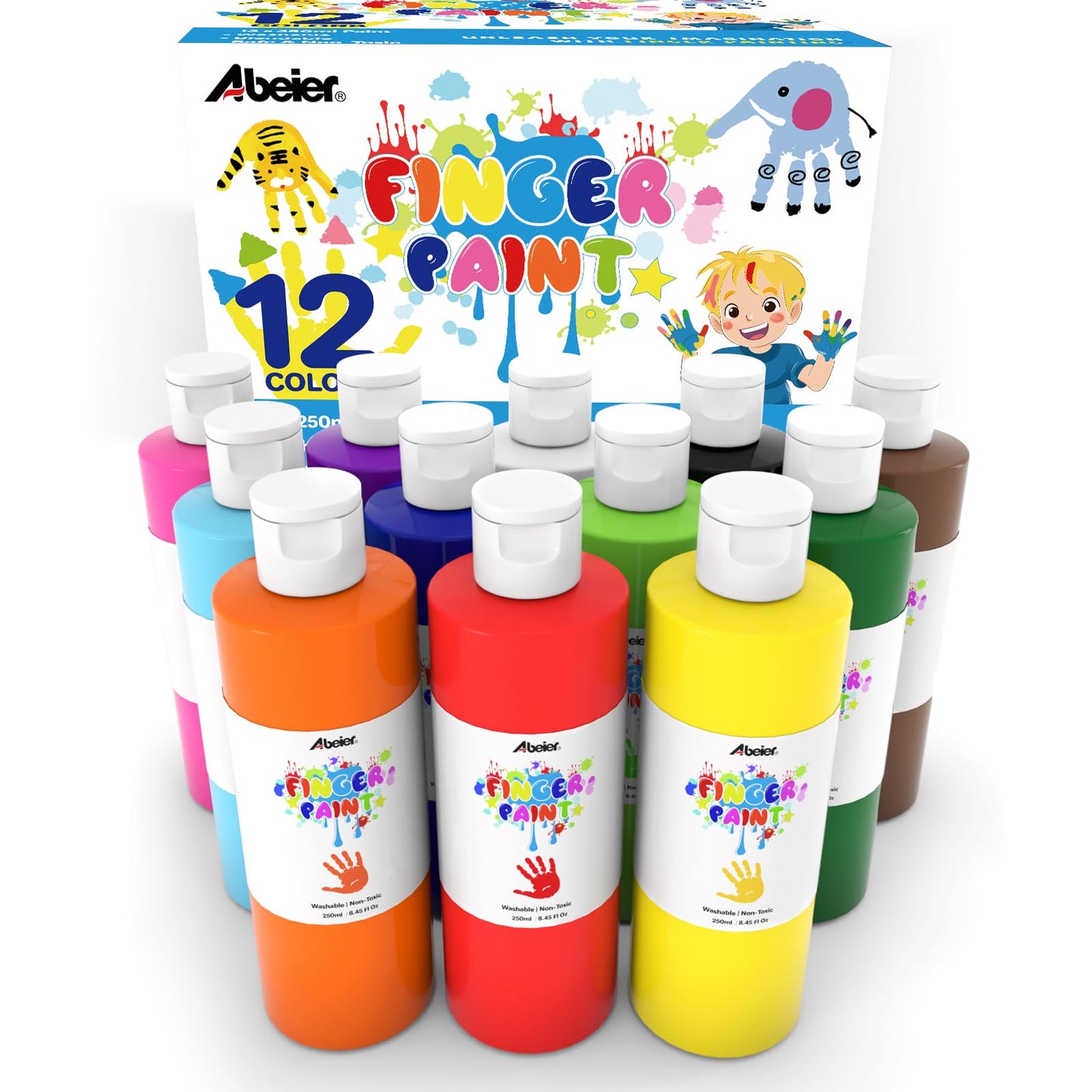 ABEIER Washable Finger Paint Bulk Pack for Toddlers – 12 Vibrant Colors (8.45 fl oz each), Safe & Non-Toxic