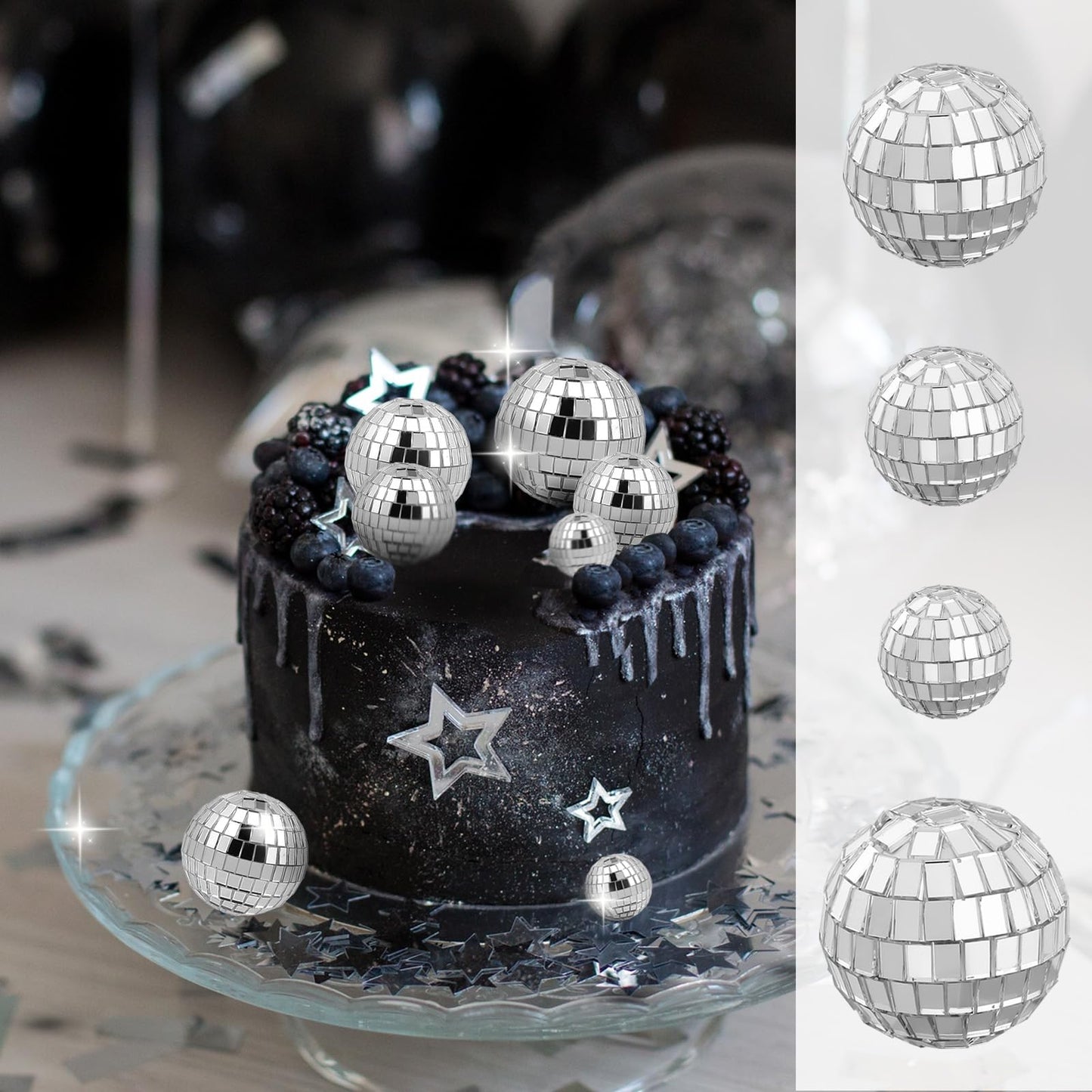 Abeillo 7Pcs Disco Cake Topper – 70s Themed Mini Mirror Balls for Cakes & Desserts