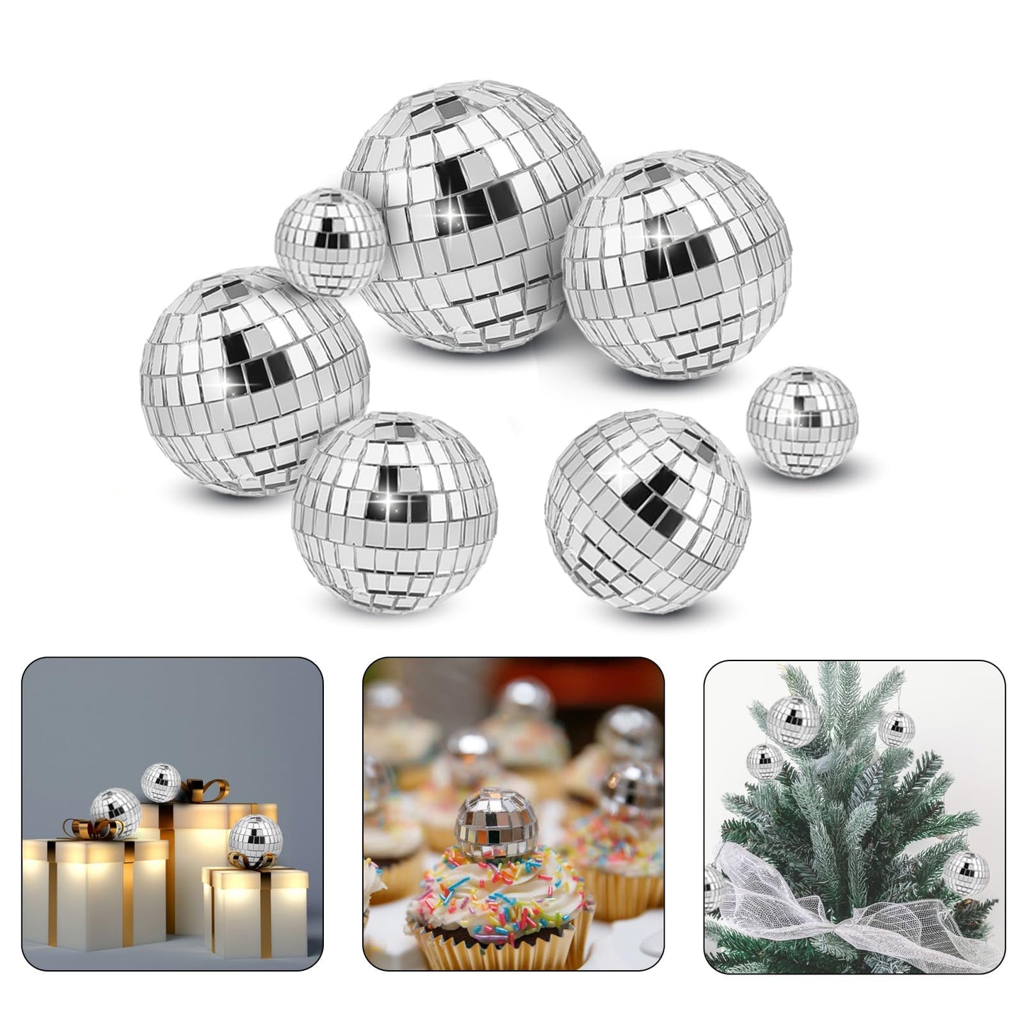 Abeillo 7Pcs Disco Cake Topper – 70s Themed Mini Mirror Balls for Cakes & Desserts