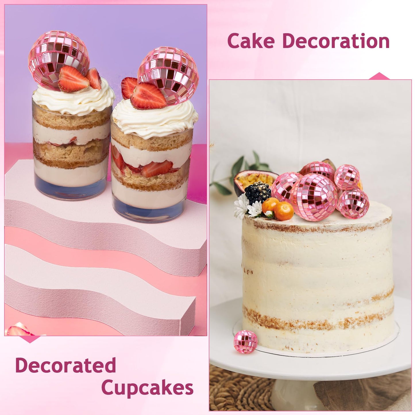 Abeillo 7PCS Pink Disco Ball Cake Topper – 4 Sizes, 70s Disco Theme Party Decor, Cupcake Toppers