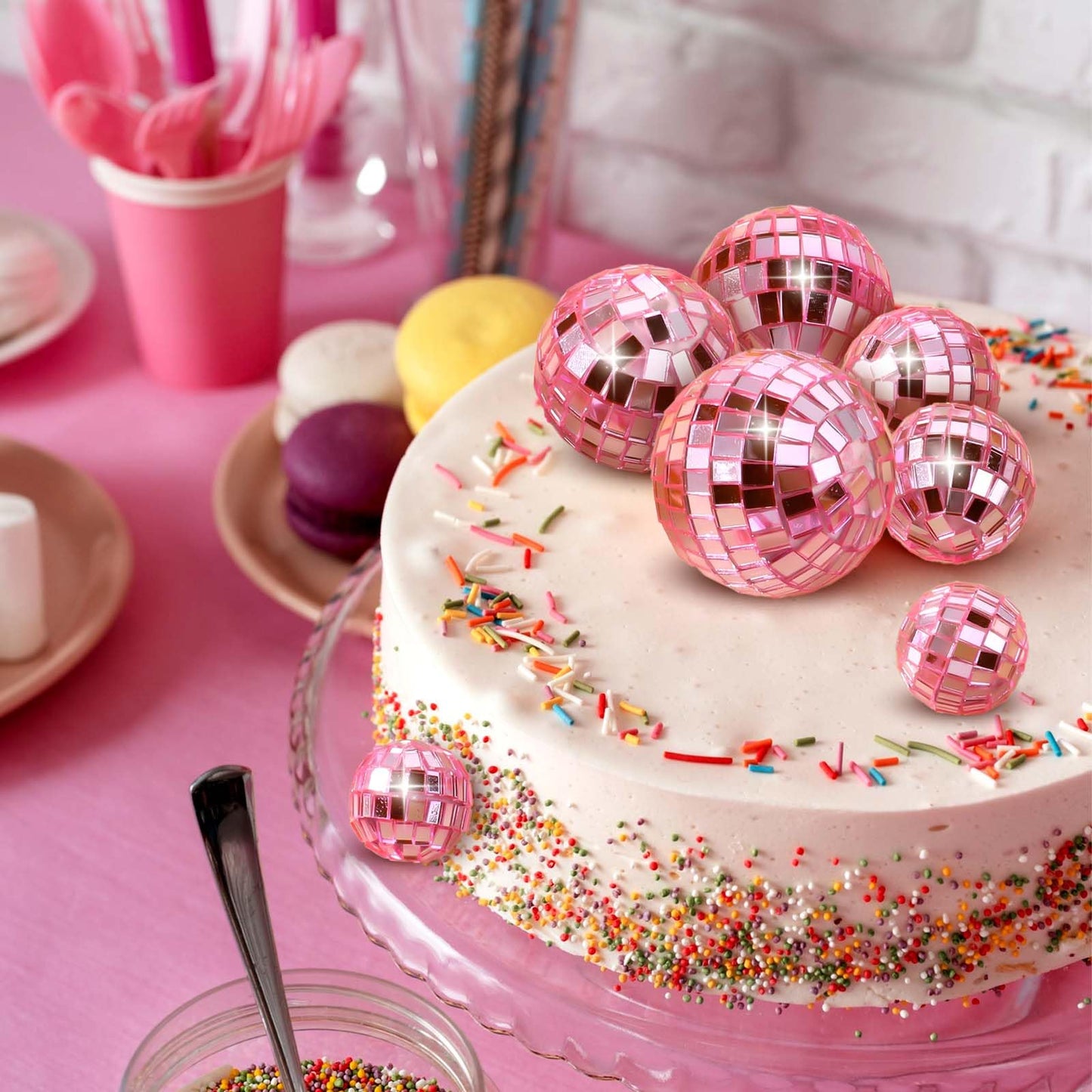 Abeillo 7PCS Pink Disco Ball Cake Topper – 4 Sizes, 70s Disco Theme Party Decor, Cupcake Toppers