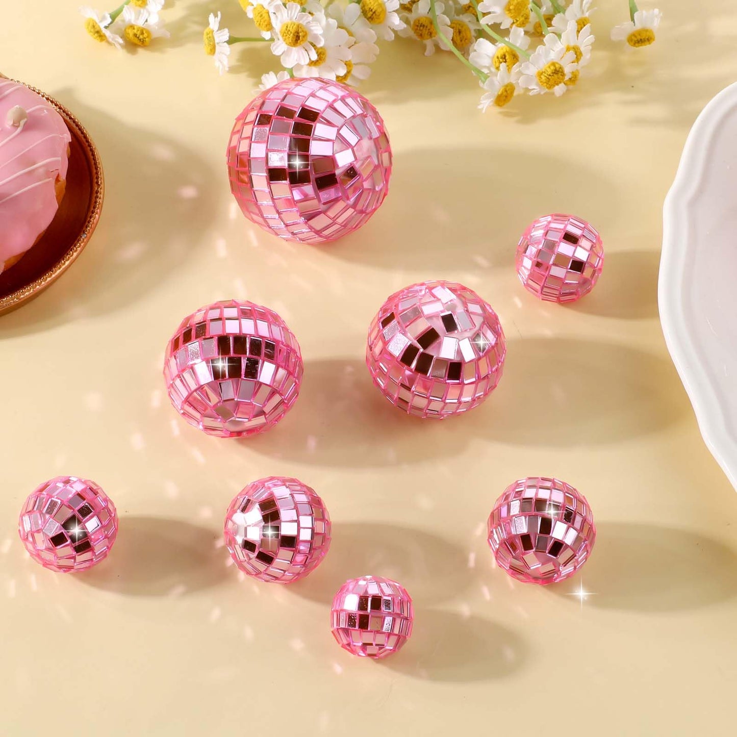 Abeillo 7PCS Pink Disco Ball Cake Topper – 4 Sizes, 70s Disco Theme Party Decor, Cupcake Toppers