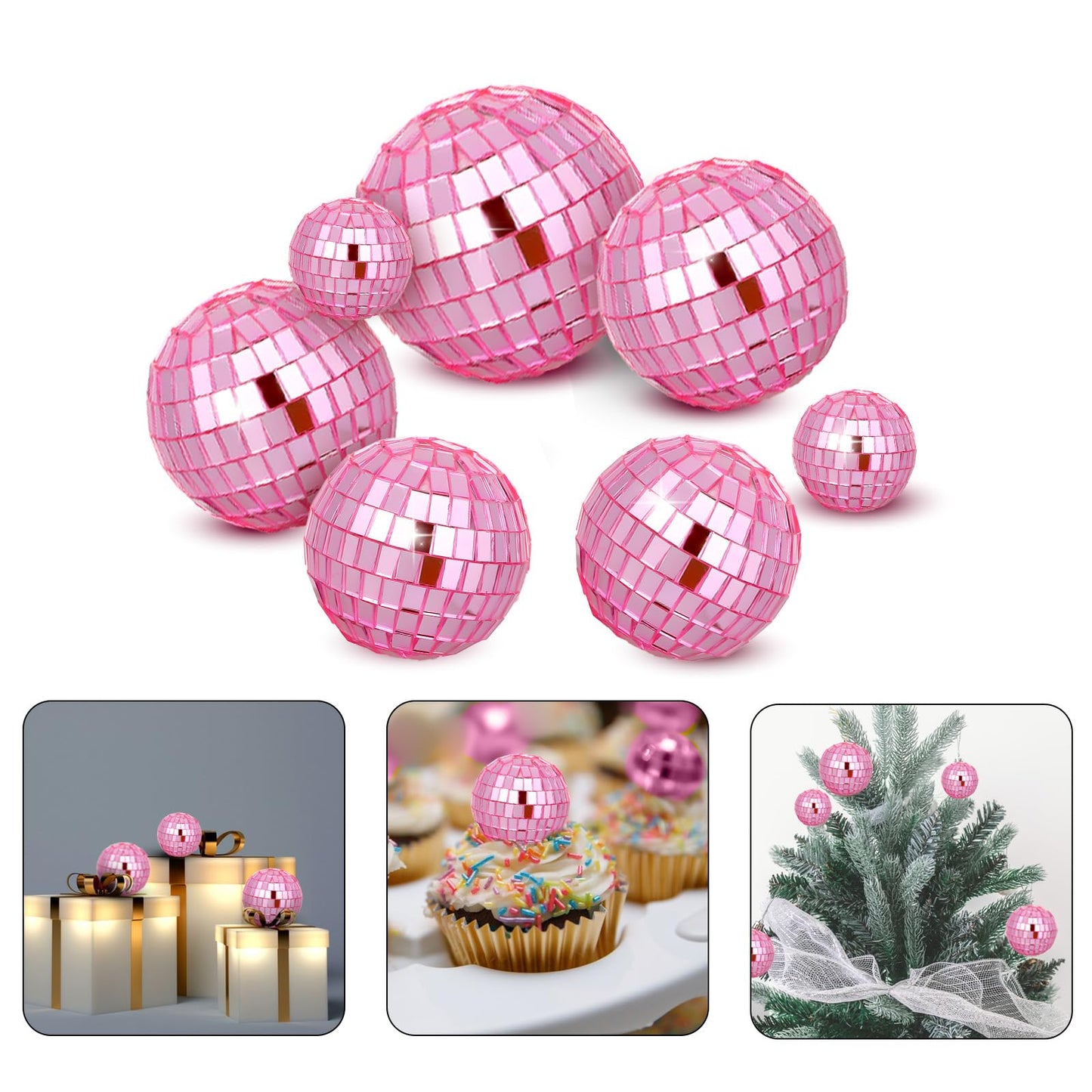 Abeillo 7PCS Pink Disco Ball Cake Topper – 4 Sizes, 70s Disco Theme Party Decor, Cupcake Toppers
