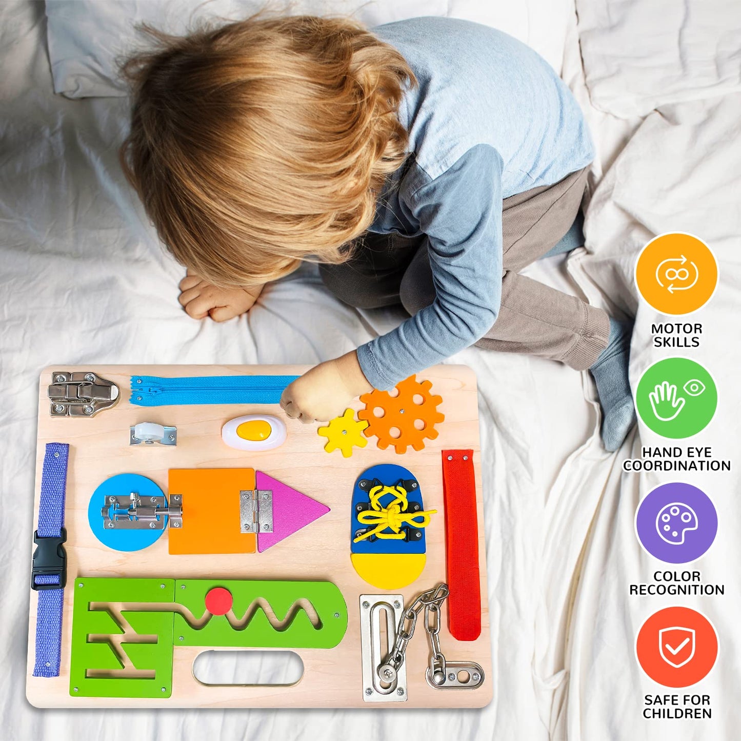 ABERLLS Montessori Busy Board for Toddlers – Wooden Sensory Toy & Fine Motor Skills