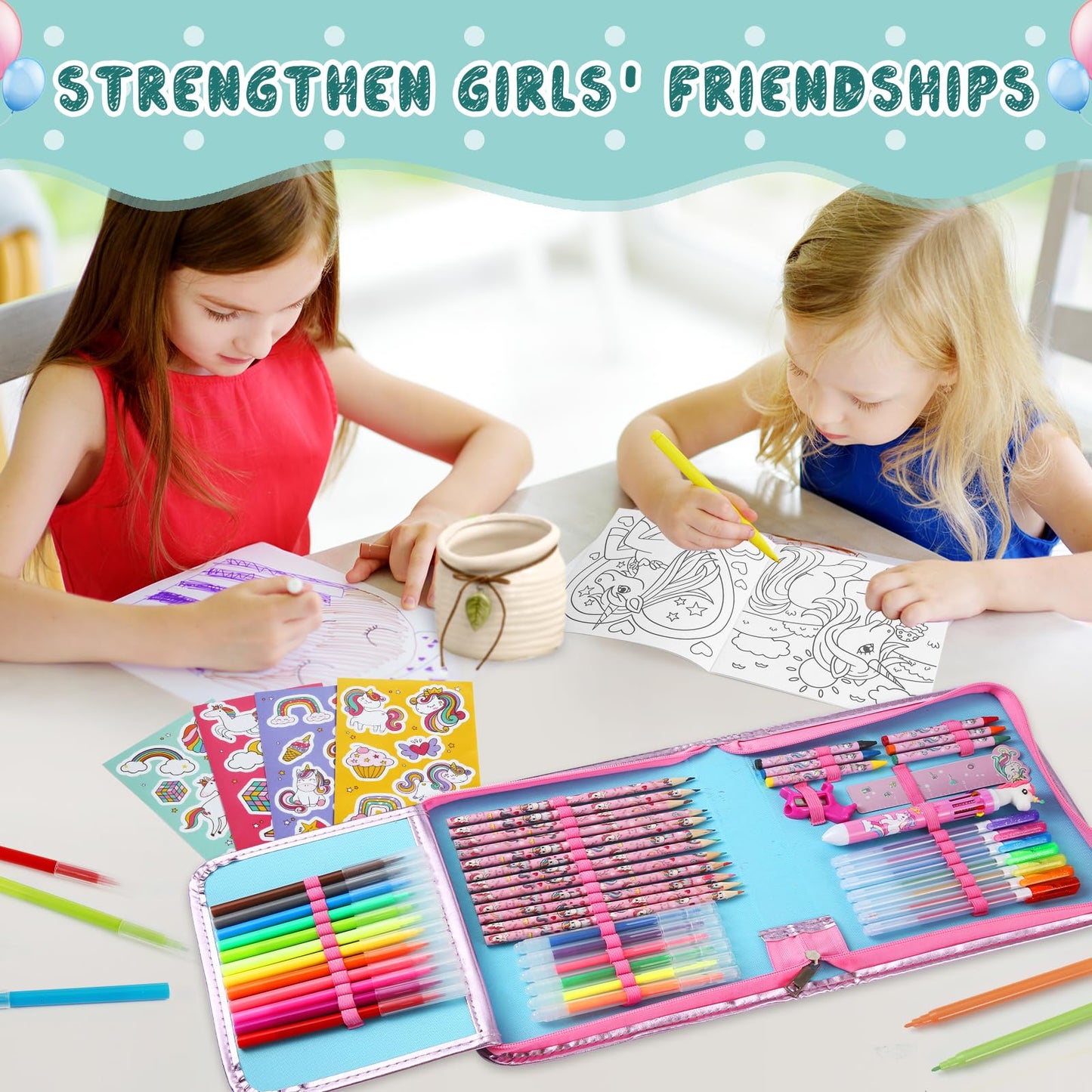 ABERLLS Unicorn Washable Markers Set with Glitter Pencil Case – Art Supplies for Kids Aged 4-10