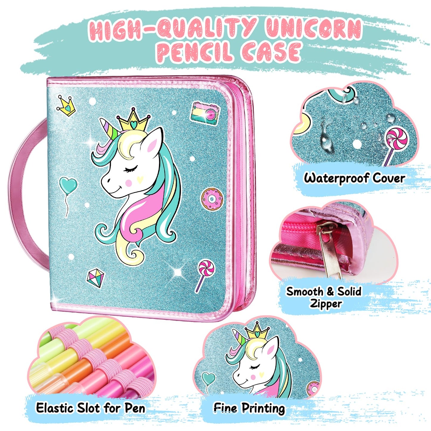 ABERLLS Unicorn Washable Markers Set with Glitter Pencil Case – Art Supplies for Kids Aged 4-10