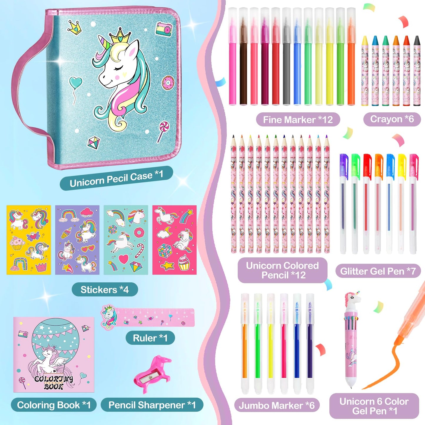 ABERLLS Unicorn Washable Markers Set with Glitter Pencil Case – Art Supplies for Kids Aged 4-10