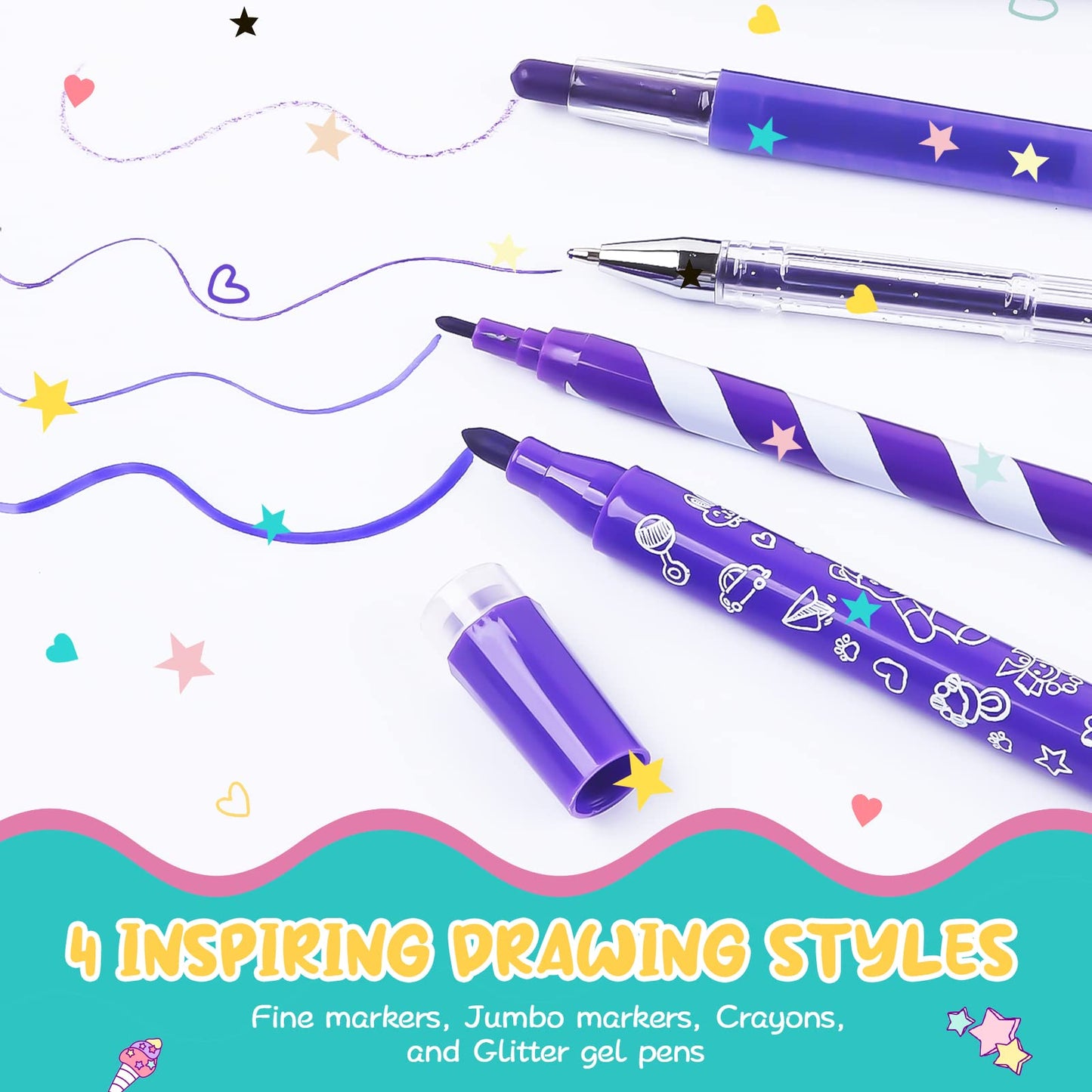 ABERLLS Washable Unicorn Markers Set with Glitter Pencil Case – Art Supplies for Kids Aged 4-12