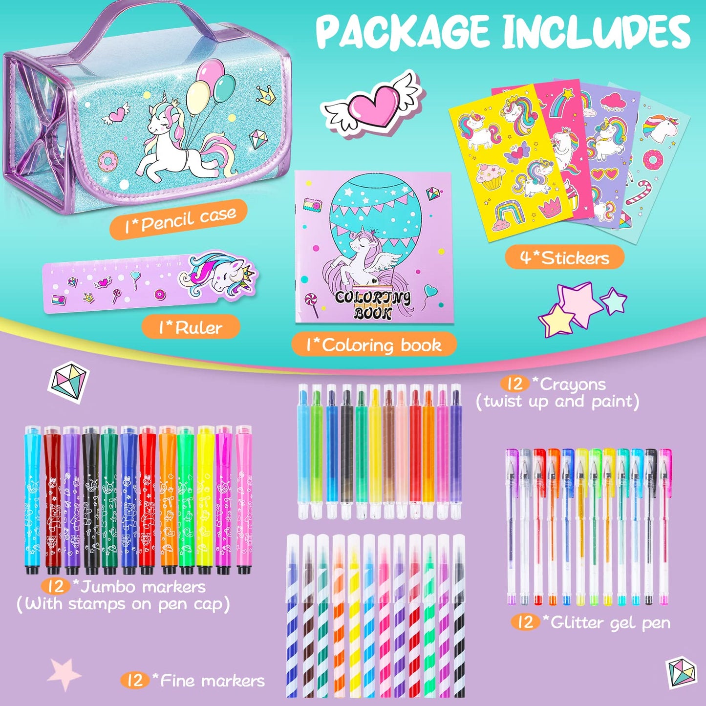 ABERLLS Washable Unicorn Markers Set with Glitter Pencil Case – Art Supplies for Kids Aged 4-12