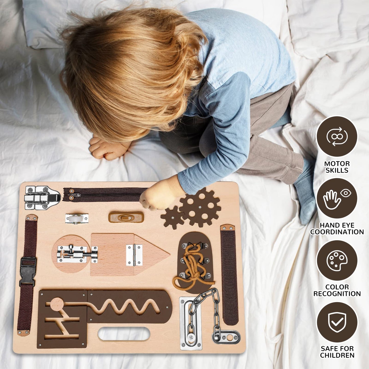 ABERLLS Montessori Busy Board for Toddlers | Wooden Sensory Toy for Fine Motor Skills