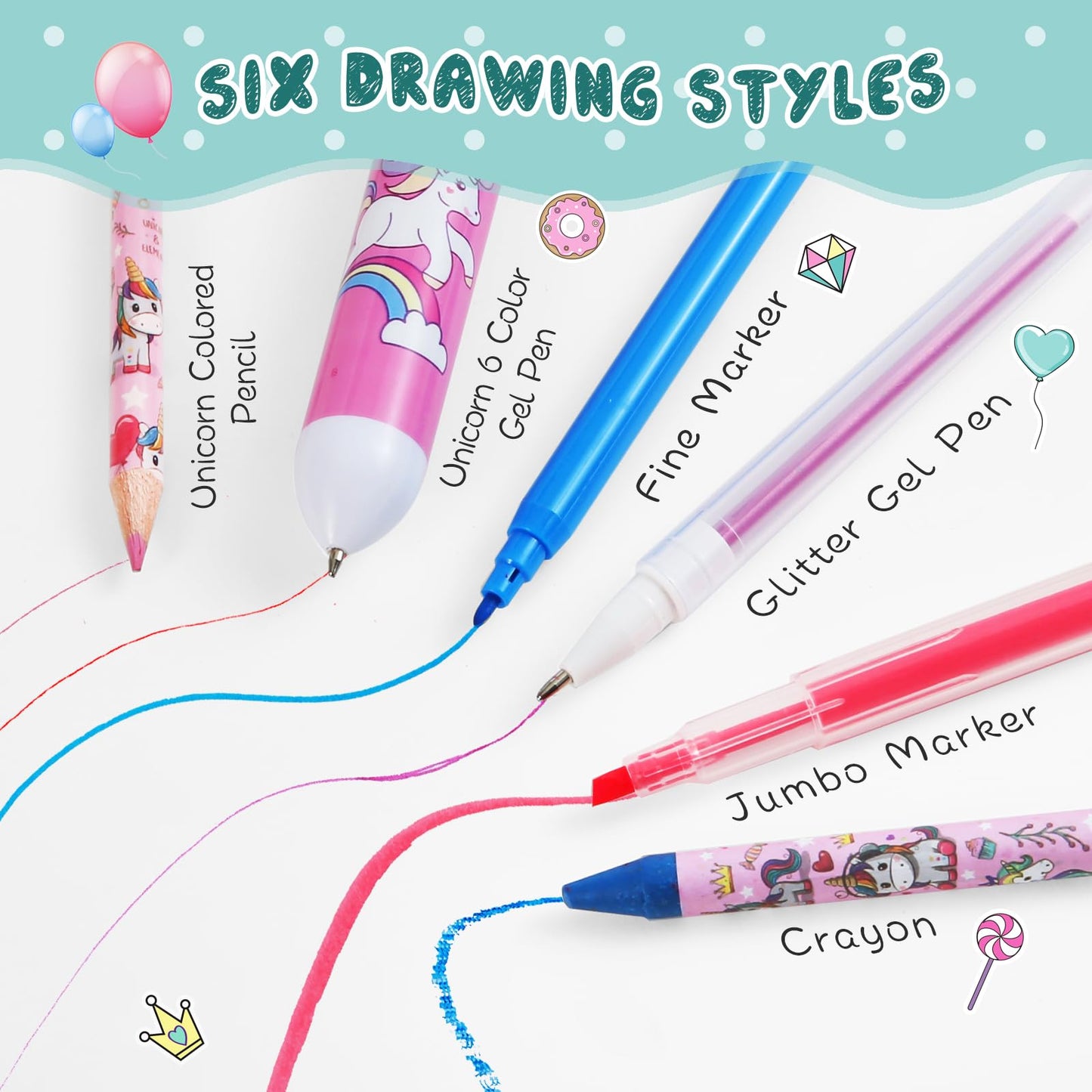 ABERLLS Unicorn Washable Markers Set with Glitter Pencil Case – Art Supplies for Kids Aged 4-10