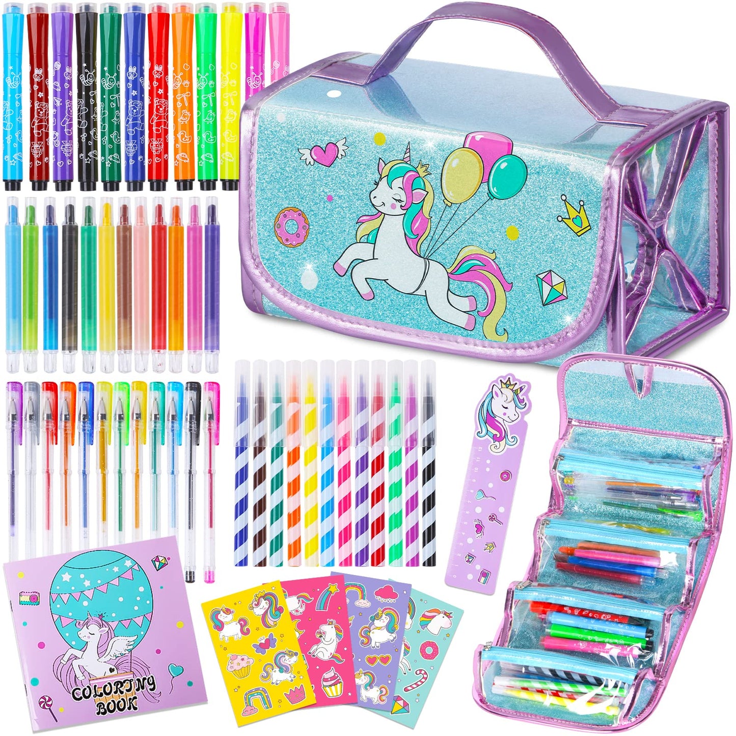 ABERLLS Washable Unicorn Markers Set with Glitter Pencil Case – Art Supplies for Kids Aged 4-12