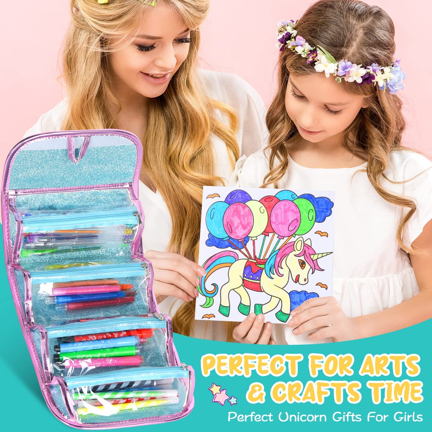 ABERLLS Washable Unicorn Markers Set with Glitter Pencil Case – Art Supplies for Kids Aged 4-12