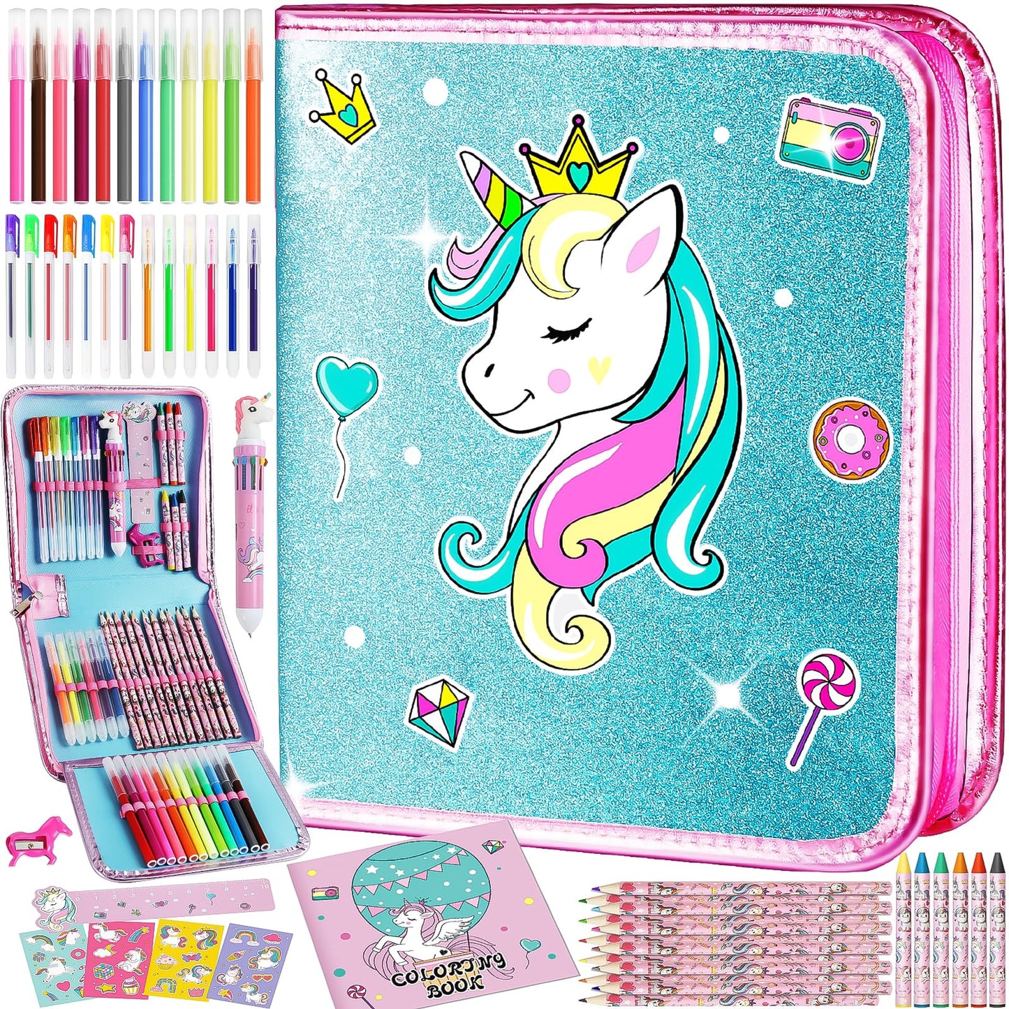 ABERLLS Unicorn Washable Markers Set with Glitter Pencil Case – Art Supplies for Kids Aged 4-10
