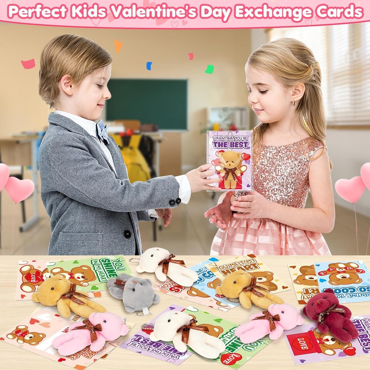 ABERLLS Valentines Day Cards for Kids — 24 Plush Bears & Greeting Cards for Classroom Exchange