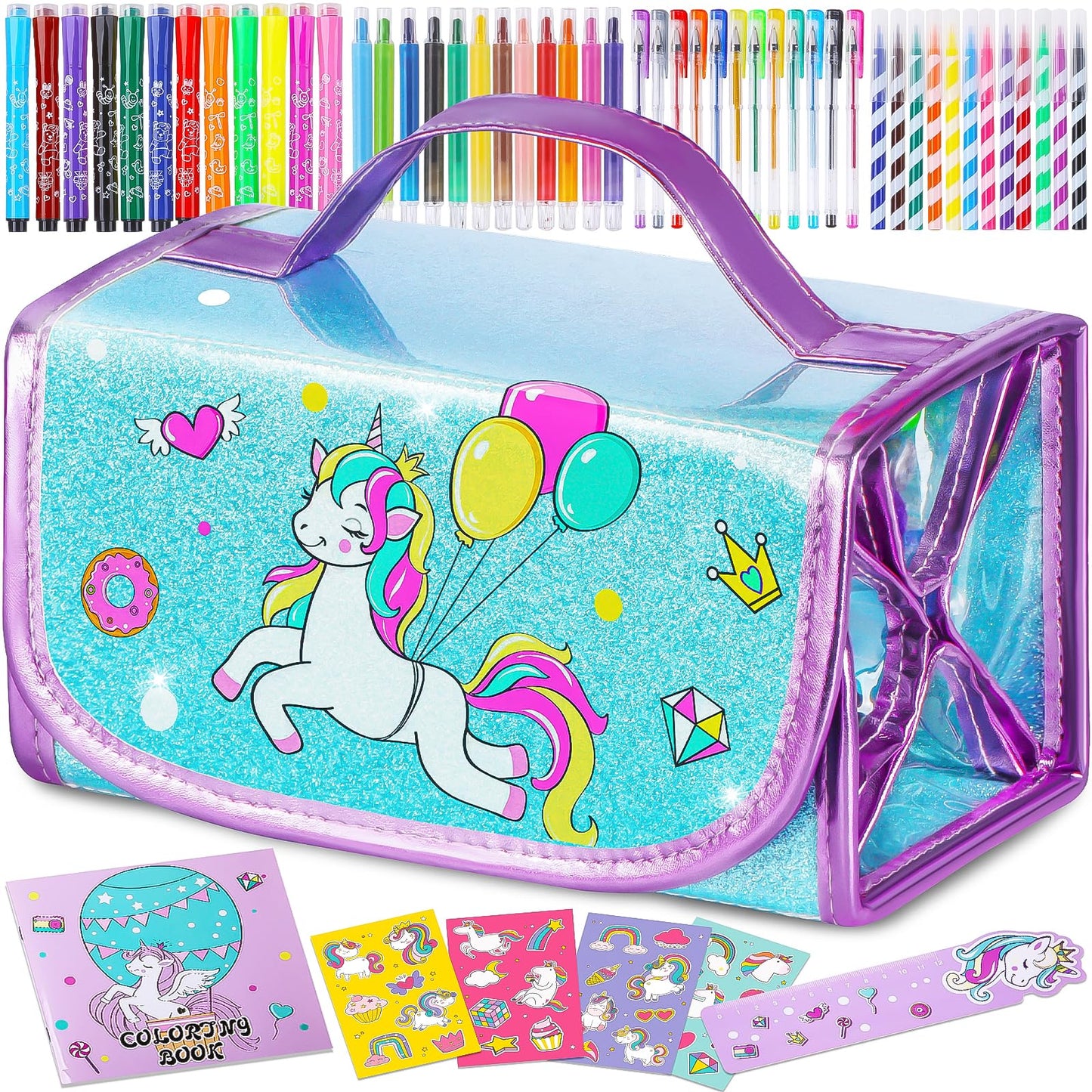 ABERLLS Washable Unicorn Markers Set with Glitter Pencil Case – Art Supplies for Kids Aged 4-12