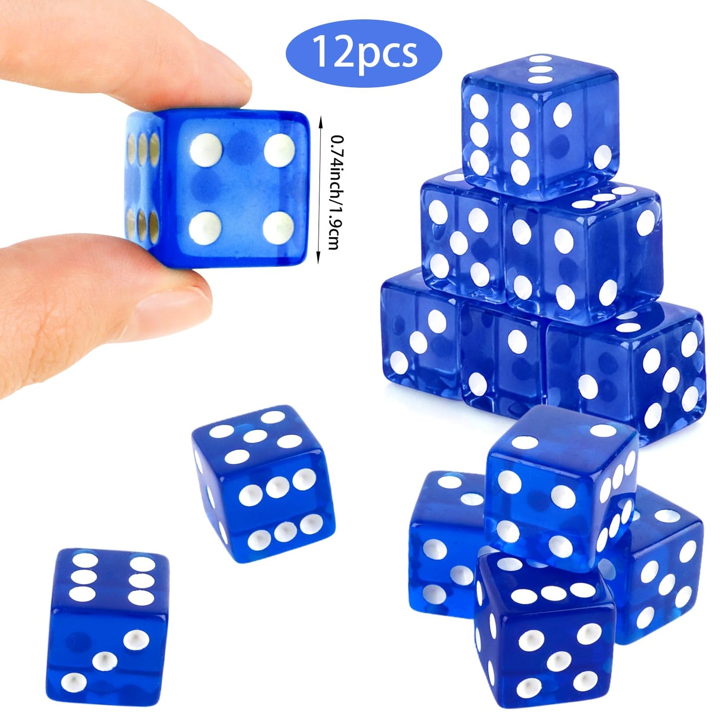 Abilat 12-Piece Blue 19mm Translucent Casino Dice Set | Acrylic Square Corner Dices for Casino Nights & Party Games