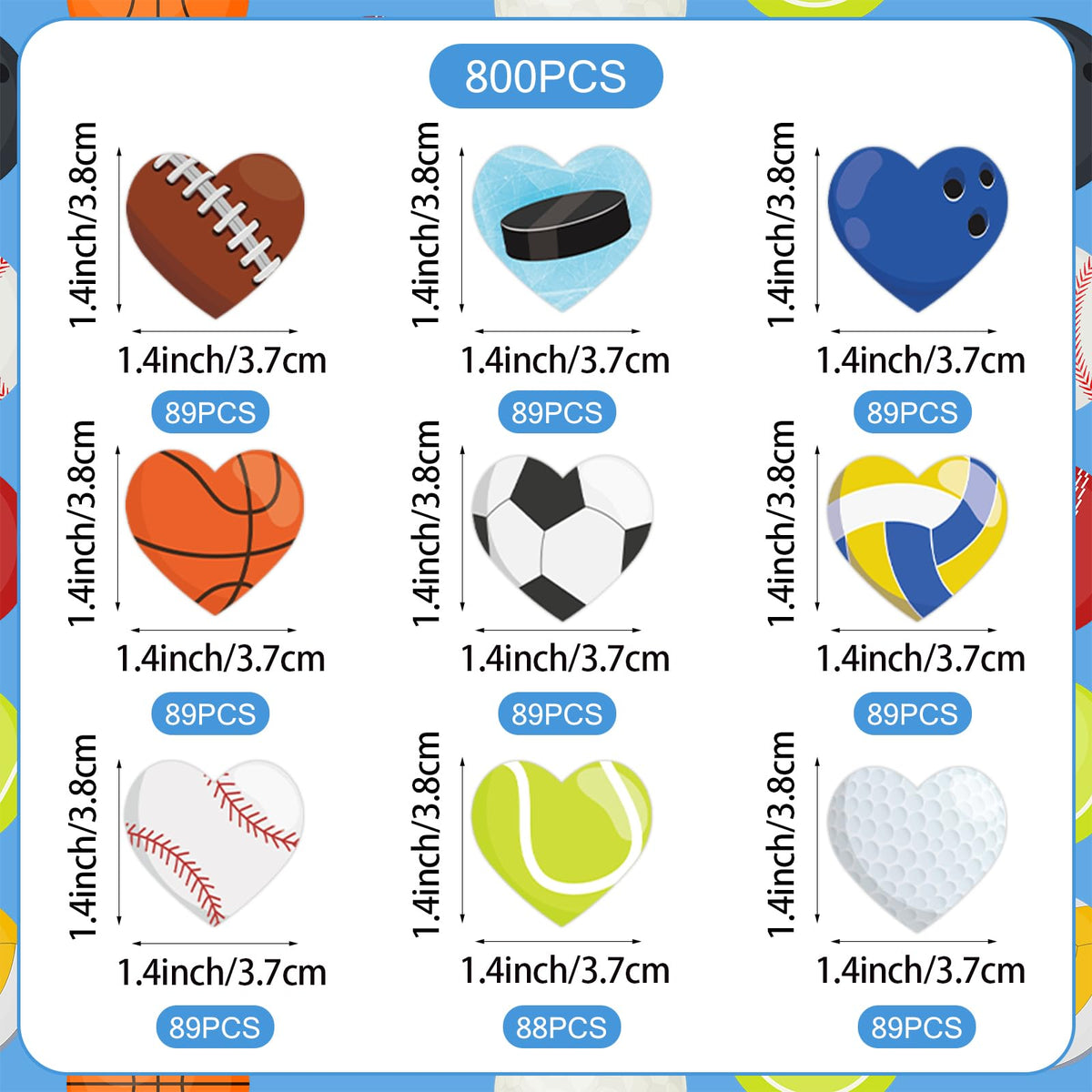 Abilat 800 Pcs Valentines Sports Stickers – Heart-Shaped Ball Designs for Kids
