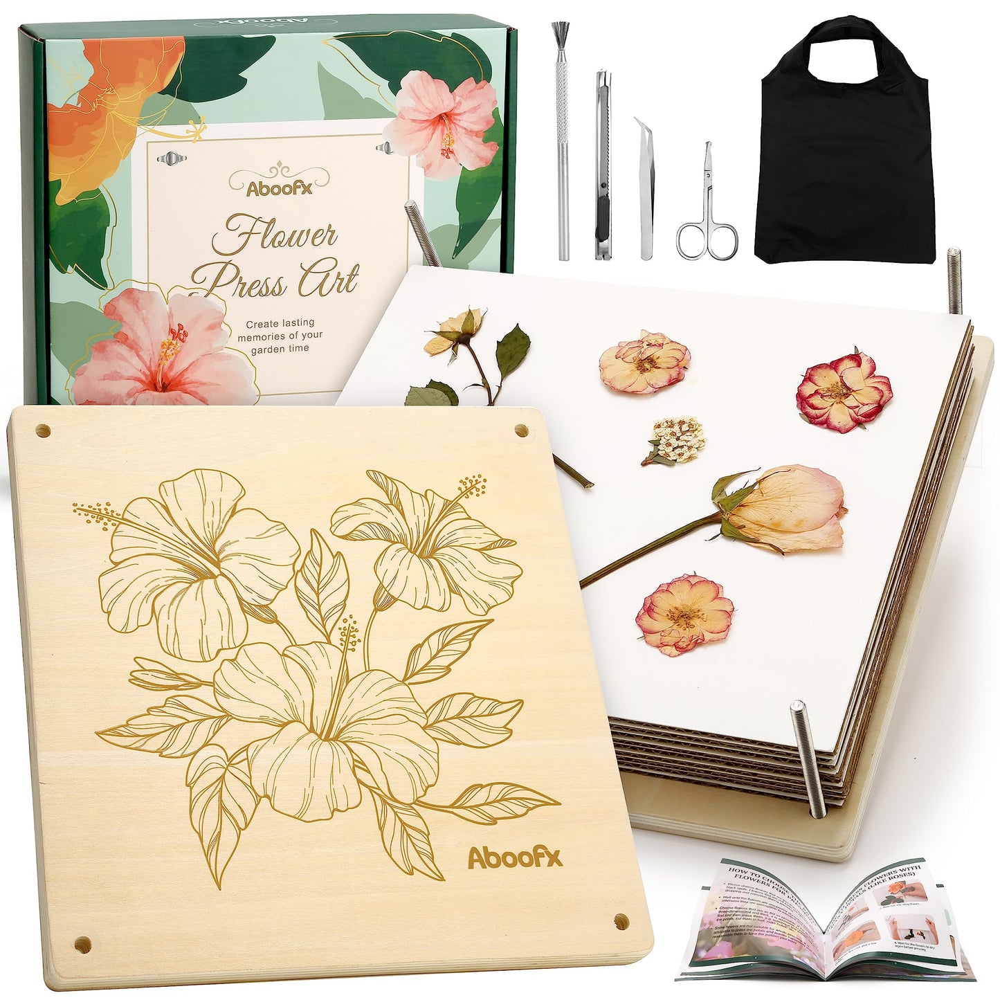 Aboofx Flower Press Kit – 11x11, 10 Layers, Wooden Flower Press for Dried Flowers