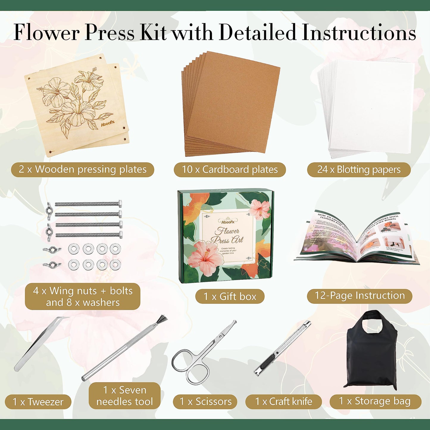 Aboofx Flower Press Kit – 11x11, 10 Layers, Wooden Flower Press for Dried Flowers