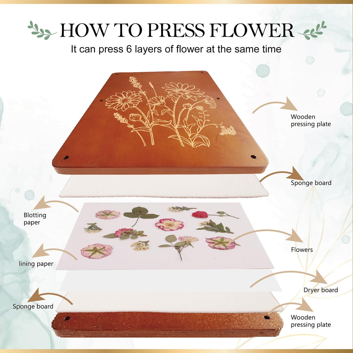 Aboofx Flower Press Kit — Large 6-Layer Wooden Press for DIY Pressed Flowers