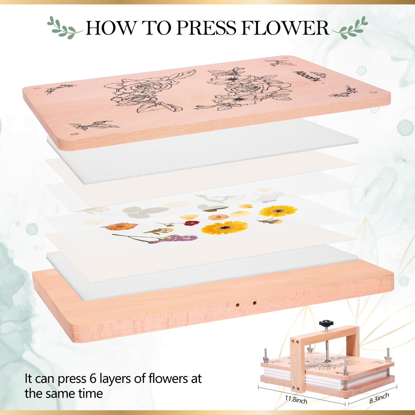 Aboofx Large Flower Press Kit – 6-Layer Pressing System, 11.8 × 8.3 in, All‑In‑One DIY Flower Press