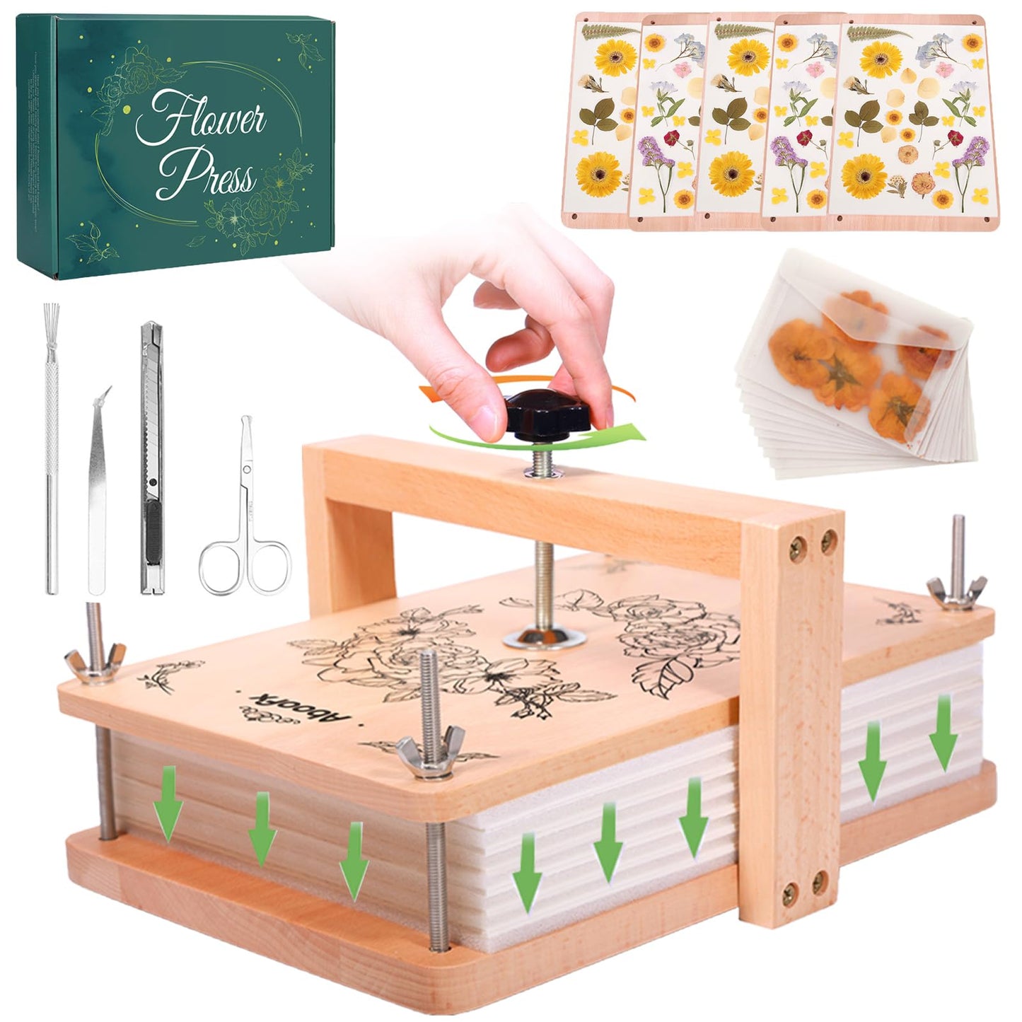 Aboofx Large Flower Press Kit – 6-Layer Pressing System, 11.8 × 8.3 in, All‑In‑One DIY Flower Press