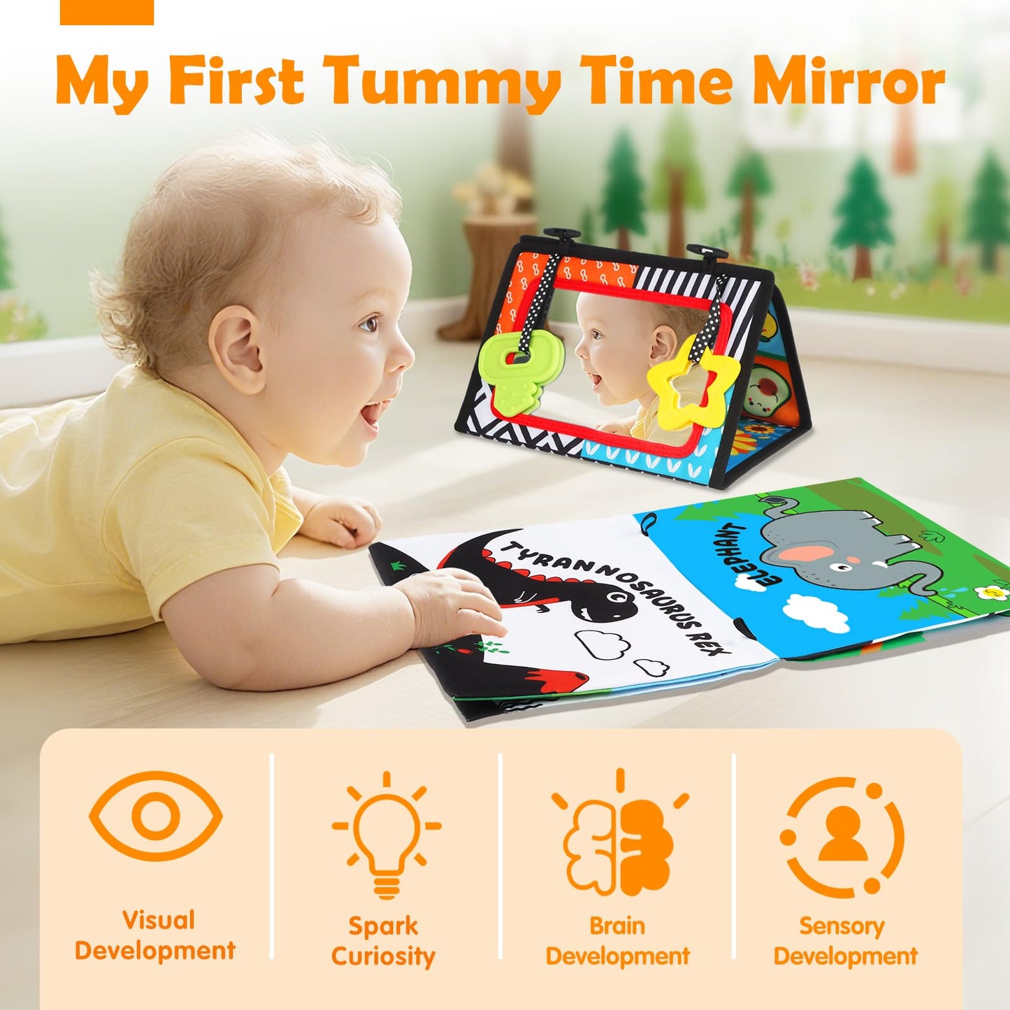 Aboosam Baby Toys 0-6 Months – High-Contrast Tummy Time Mirror & Cloth Book Teether