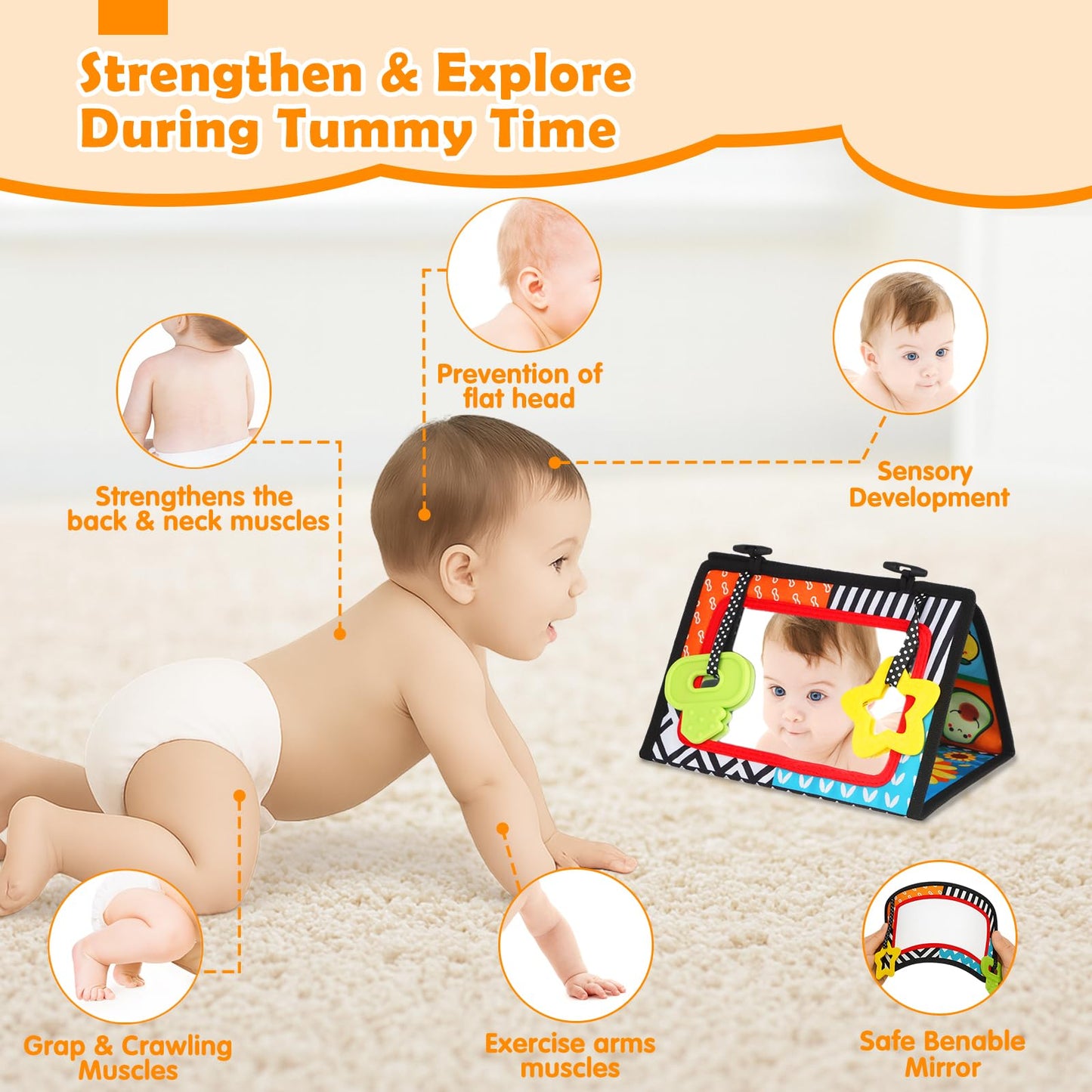 Aboosam Baby Toys 0-6 Months – High-Contrast Tummy Time Mirror & Cloth Book Teether