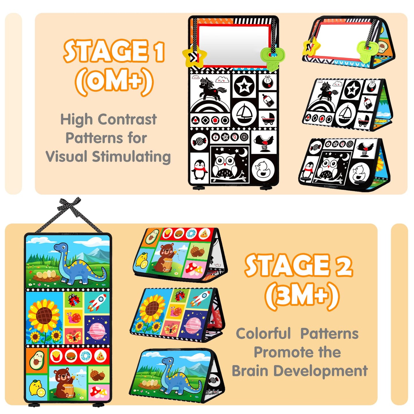 Aboosam Baby Toys 0-6 Months – High-Contrast Tummy Time Mirror & Cloth Book Teether