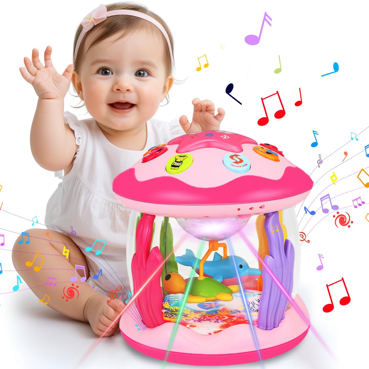Aboosam Baby Girl Ocean Light Up Musical Toy – 6-12 Months (Pink) for Crawling & Learning