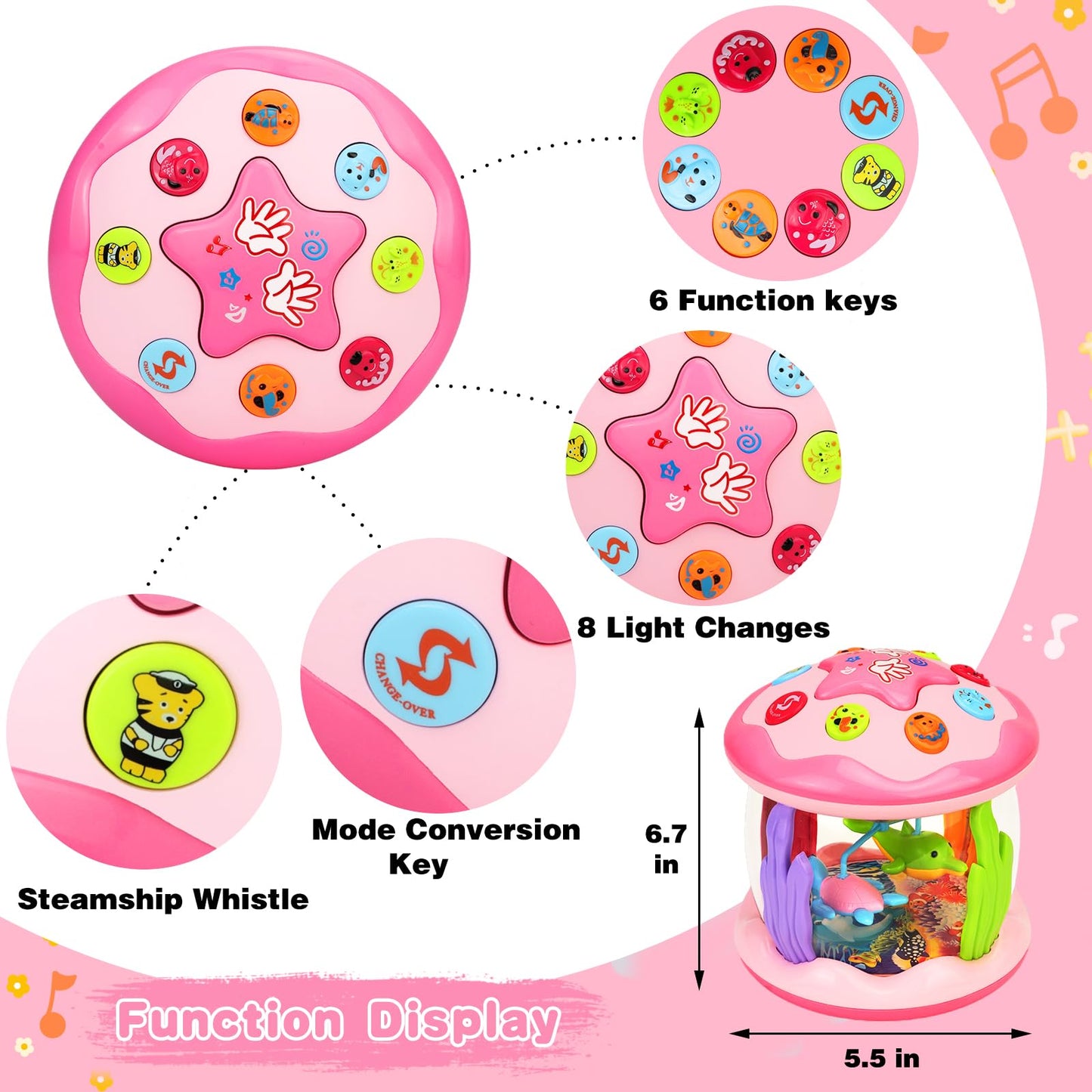 Aboosam Baby Girl Ocean Light Up Musical Toy – 6-12 Months (Pink) for Crawling & Learning